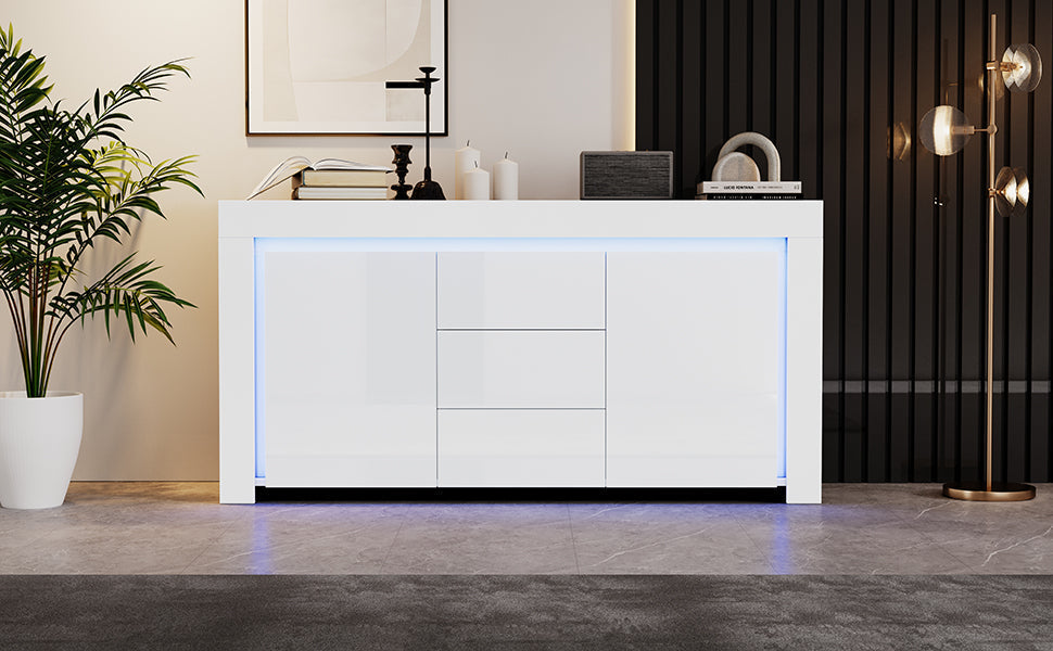 Living Room Cabinet 140cm 3 Drawers 2 Doors LED High-Gloss White