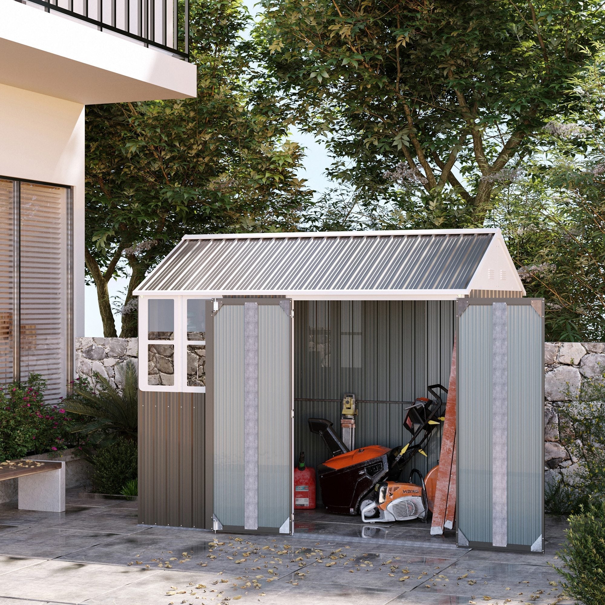 8 x 6 ft Galvanised Garden Shed with Double Doors and Air Vents, Grey