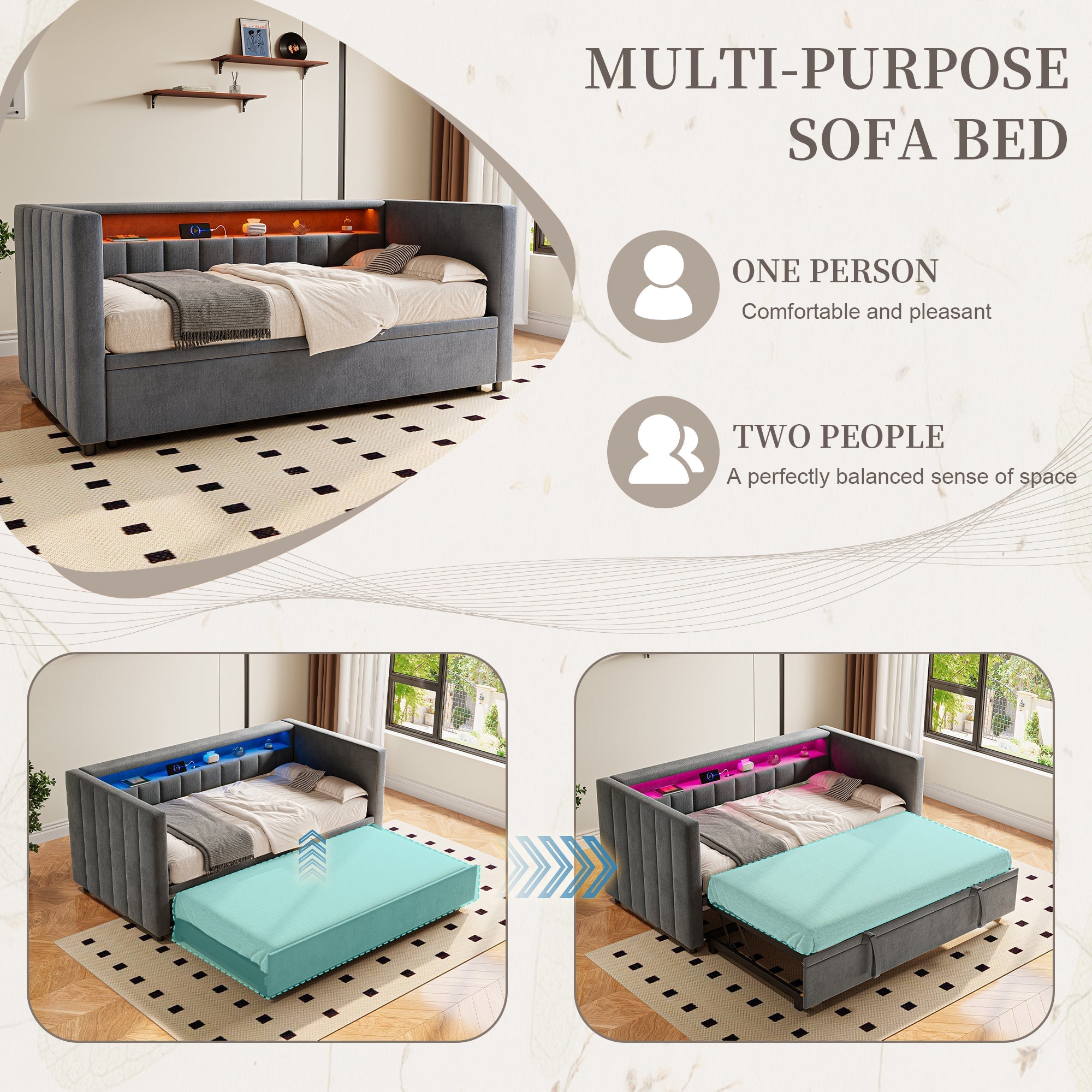 Multifunctional Sleeper Sofa with Pull-Out Bed, USB, LED, and Storage, Gray Velvet