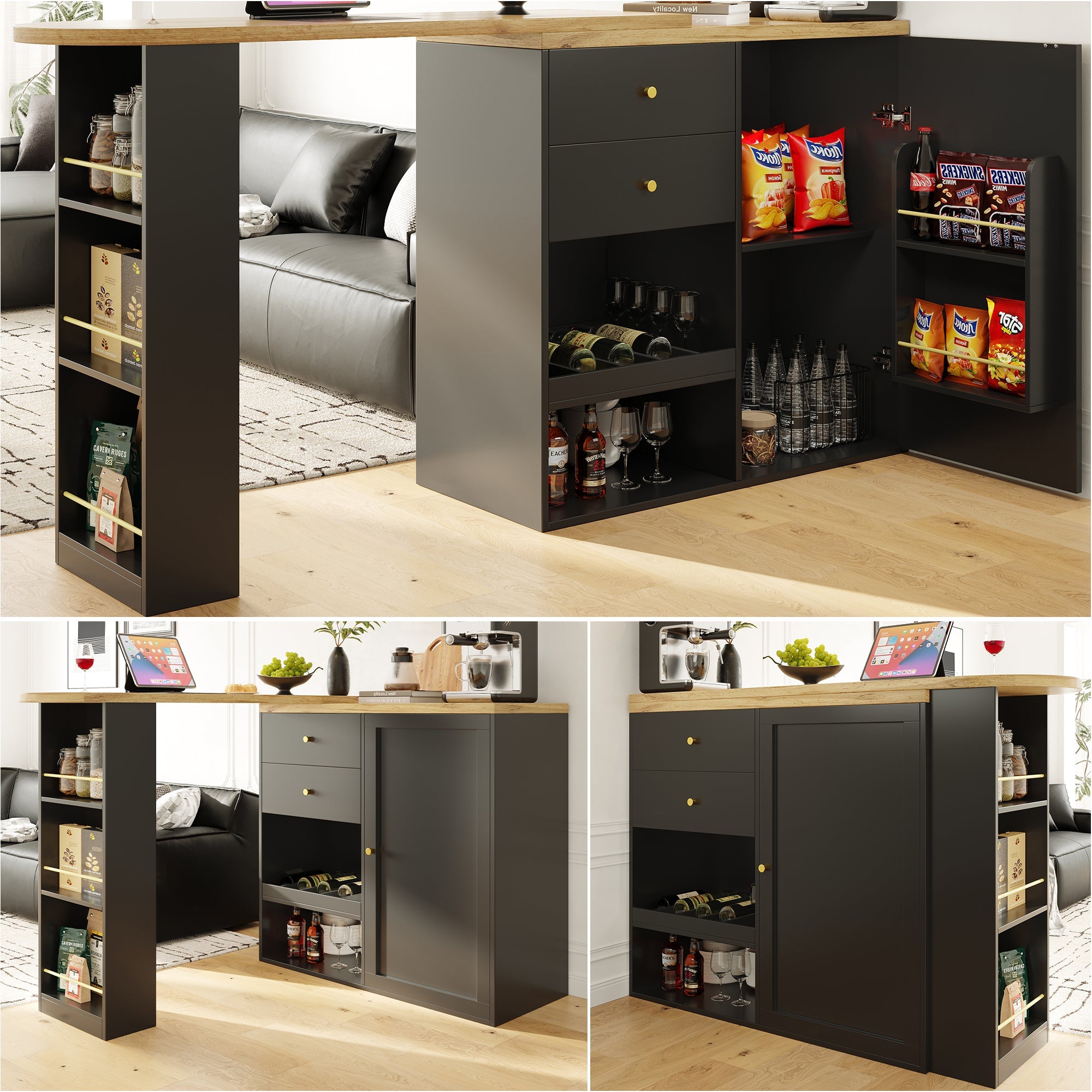 360° Swivelling Bar Table with 2 Drawers, Sliding Door Cabinet & 3 Levels of Open Storage, MDF
