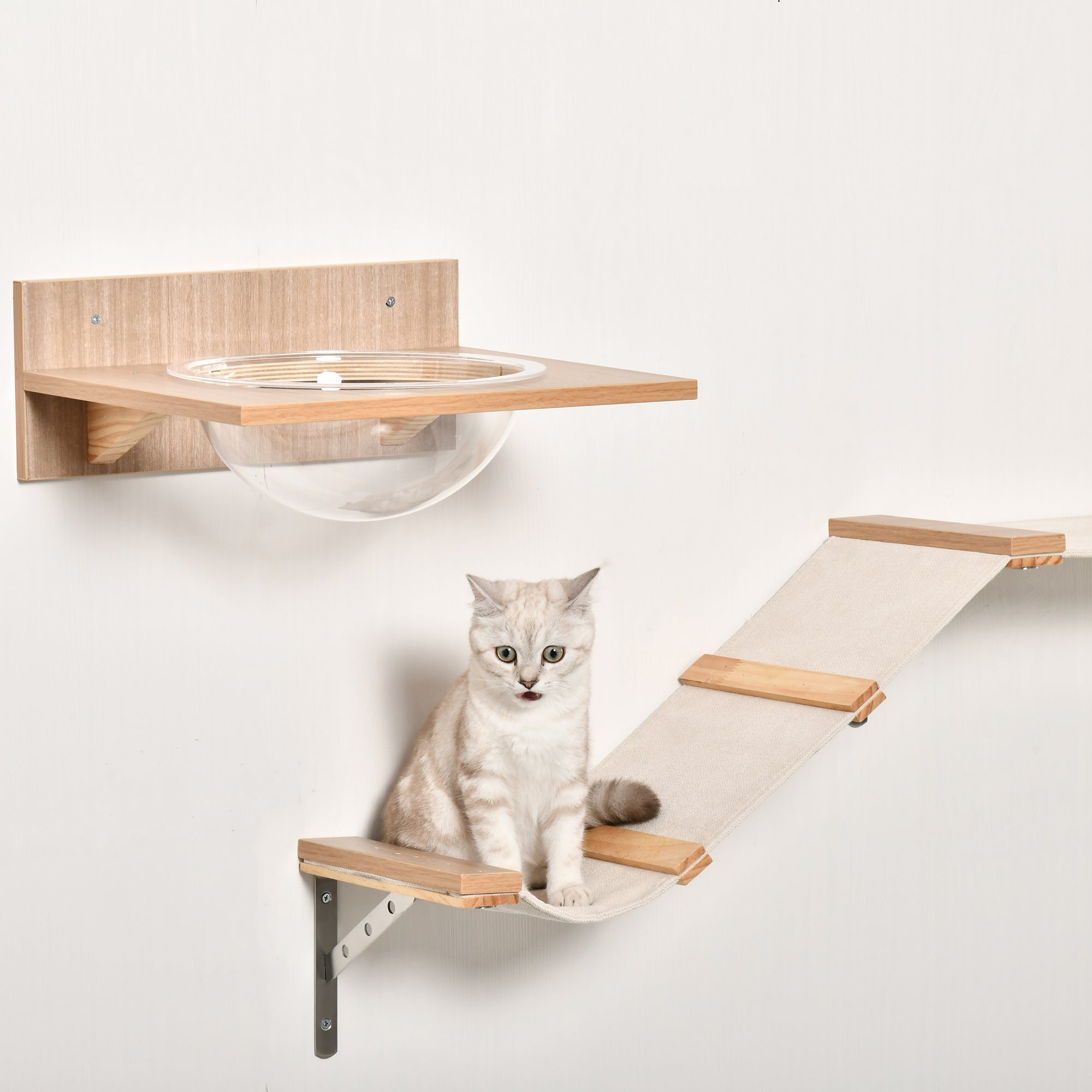 Cat Set with Scratching Post, Stairs & Hammock, Light Brown, Sisal, Acrylic, Pine