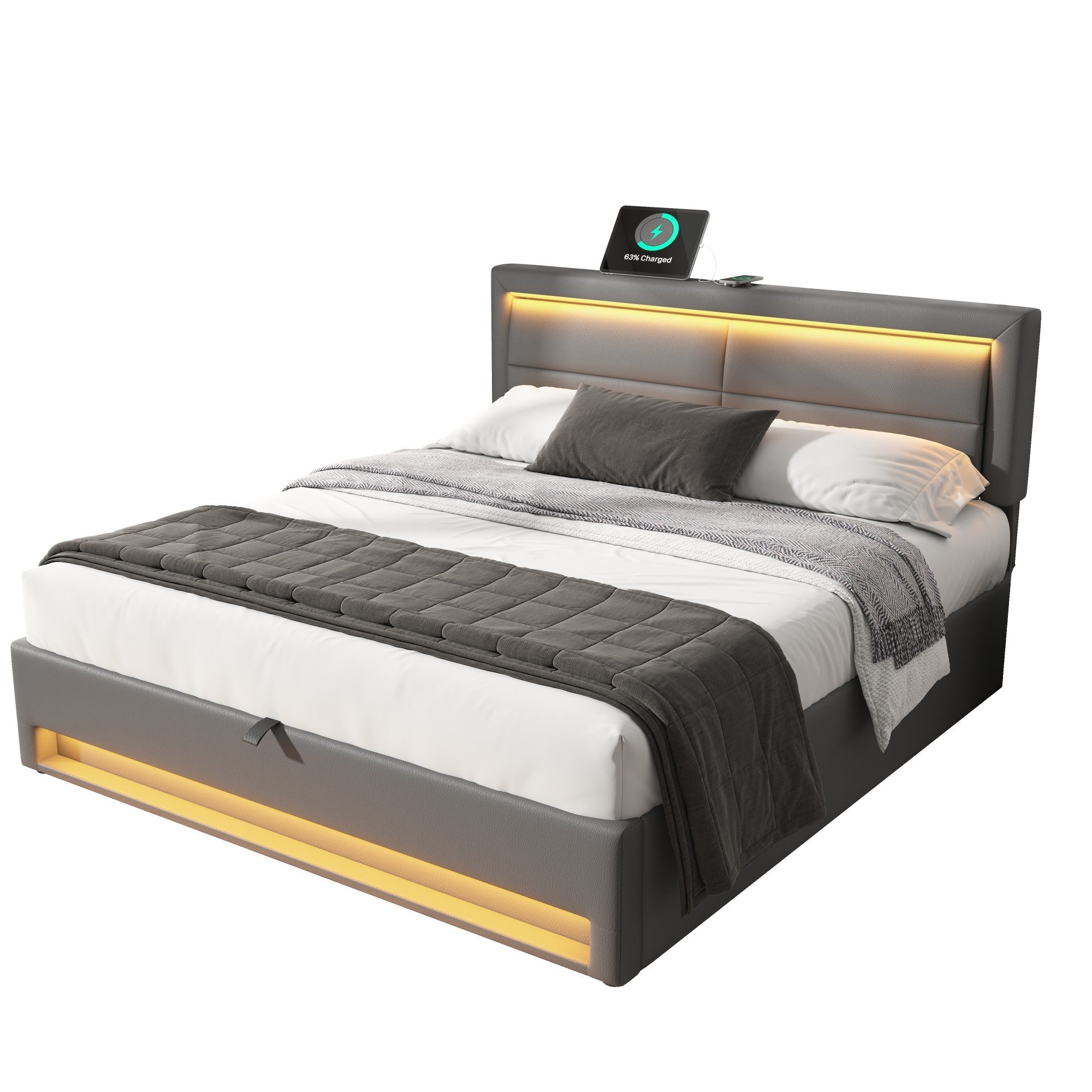 Upholstered Bed with USB Charging, LED Lighting and Storage, 140x190cm, Grey PU Leather