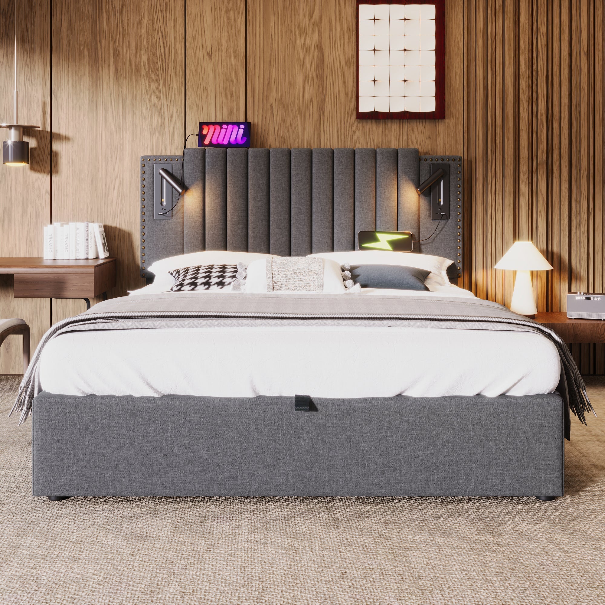 Upholstered Bed 180x200 Double Storage USB Reading Light Studded Headboard Cotton Grey