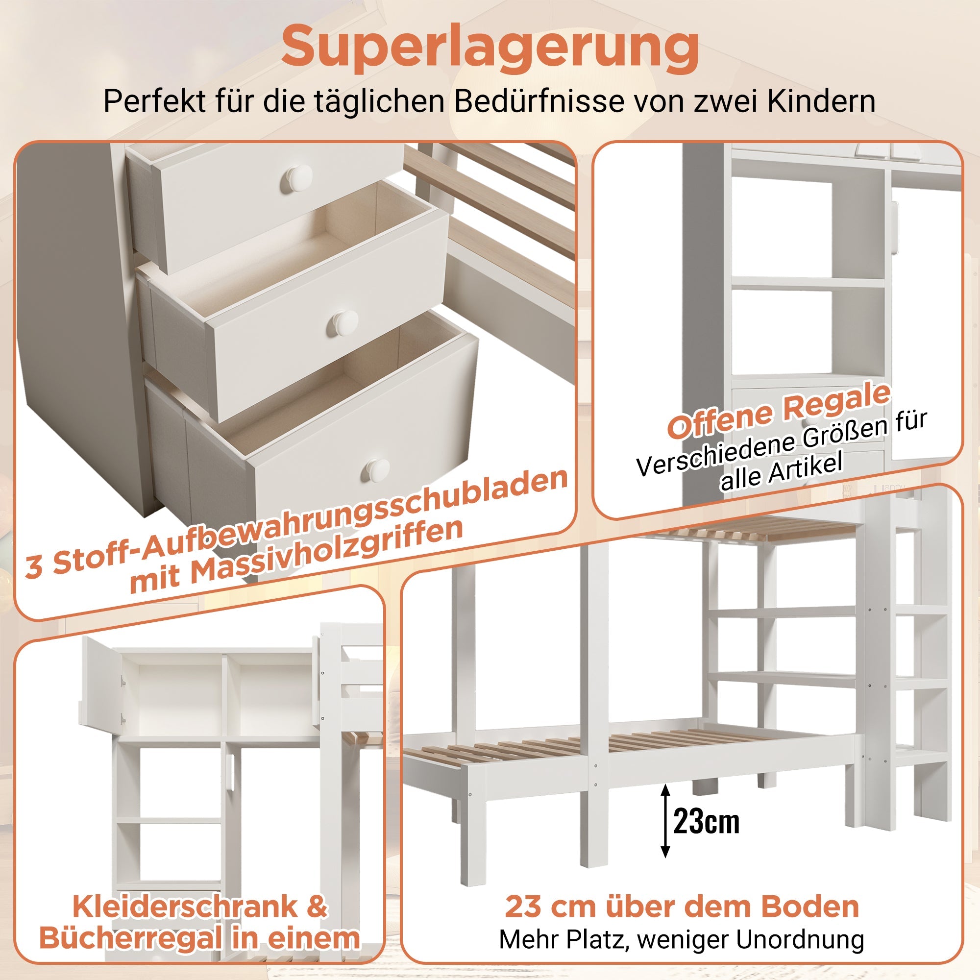 Bunk Bed 90x200cm Staggered Design Smart Night Light Wardrobe Storage, White