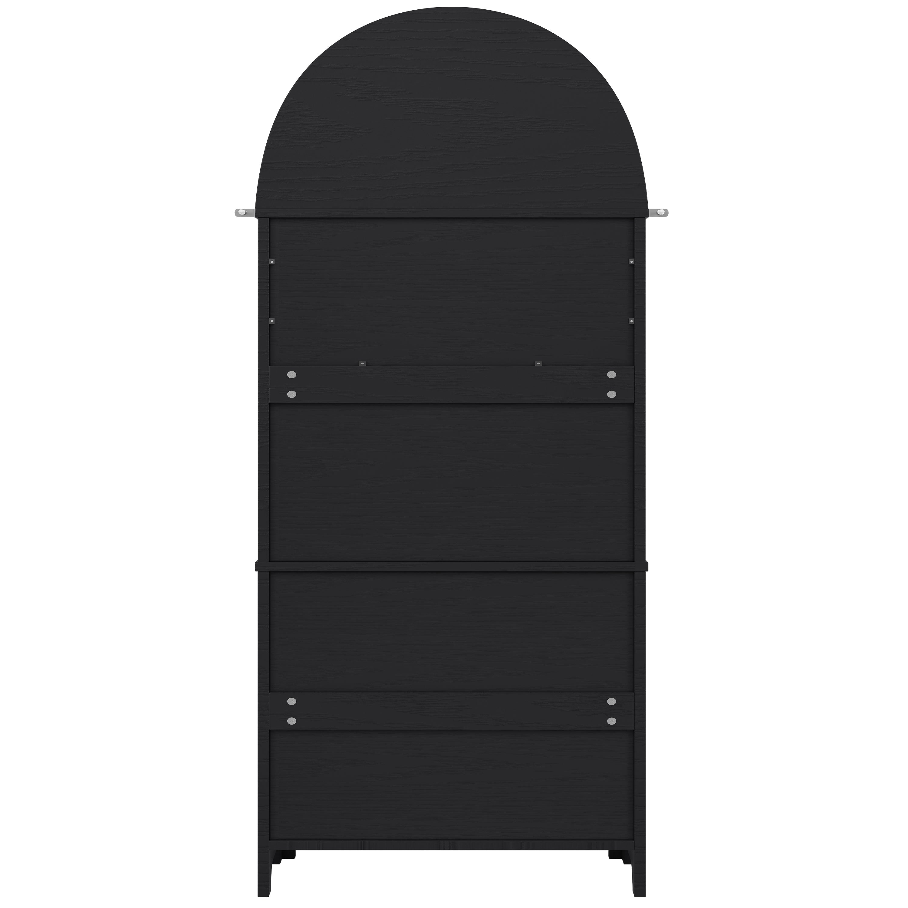 Tall Arched Storage Cabinet with Drawers, Doors & Open Display Area - Black