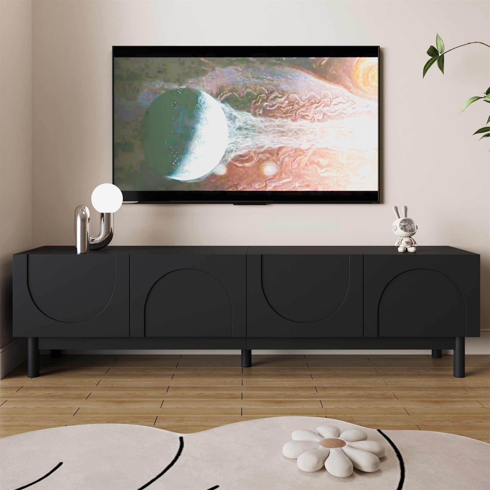 TV Cabinet with Curved Doors, Shelves, and Stabilizing Legs
