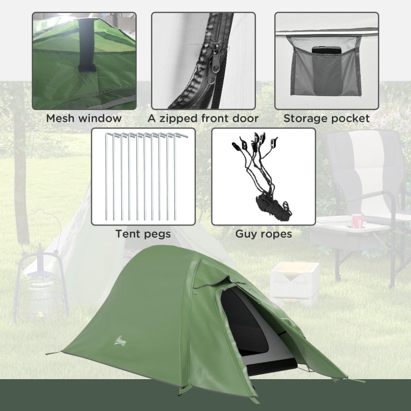 Double Layer Camping Tent, 1-2 Man Backpacking, 2000mm Waterproof, Green
