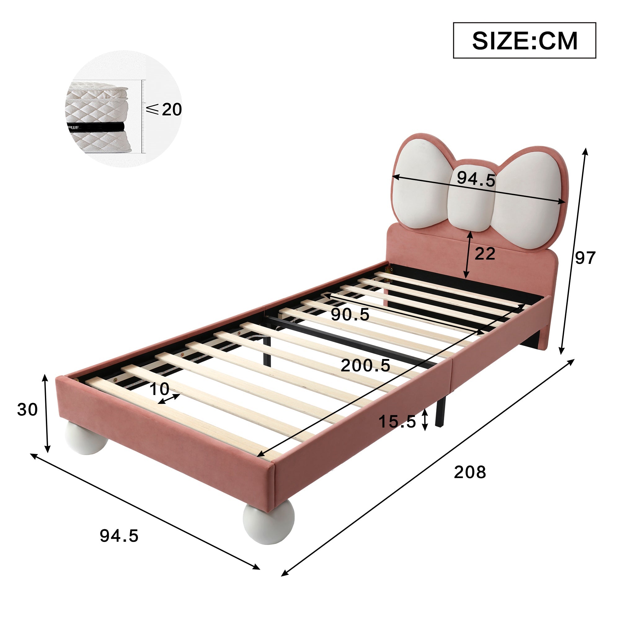 Upholstered Bed, Single Children's with Bow-Tie Headboard & LED Light, Velvet Beige + Pink