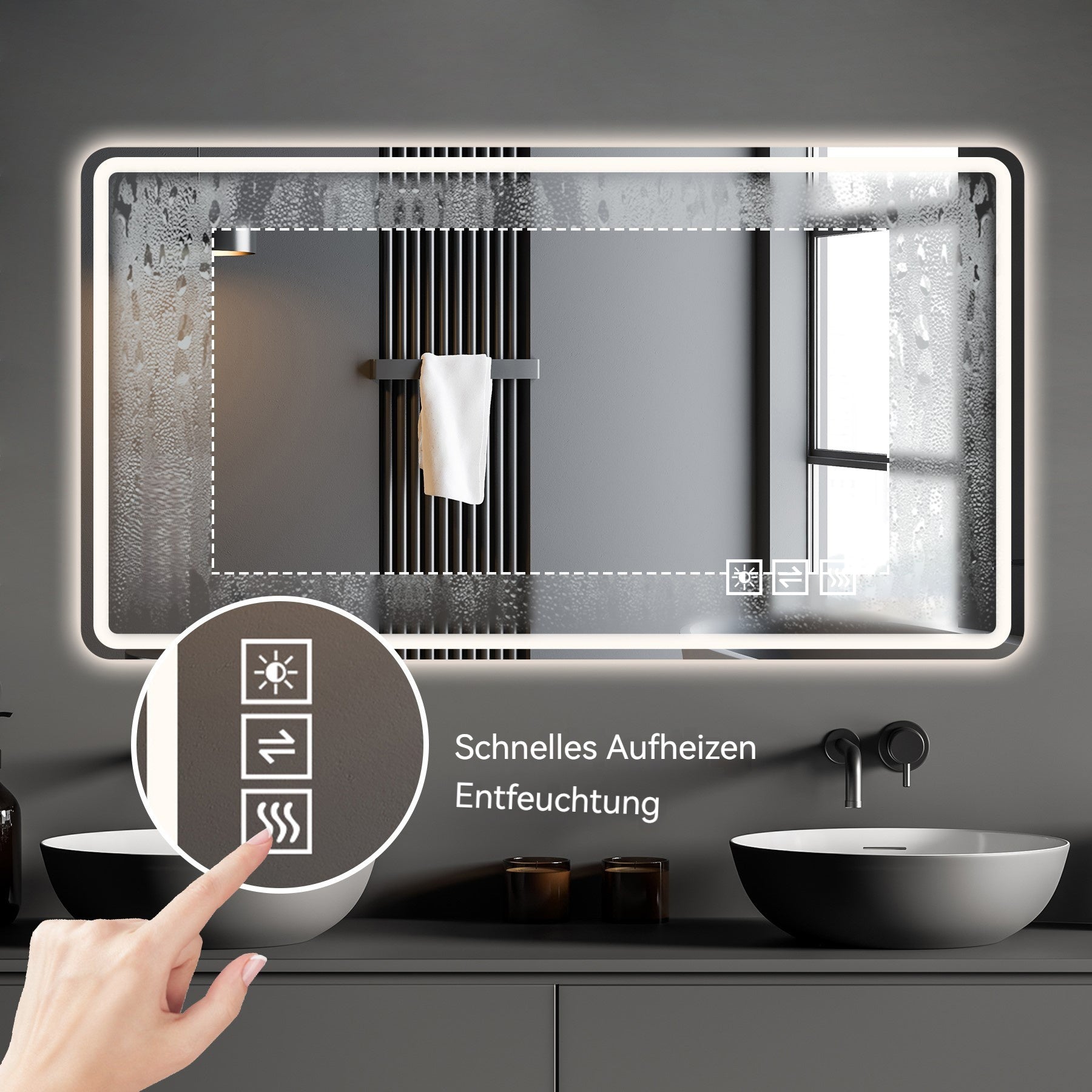 Frameless LED Bathroom Mirror 60*100cm, Anti-Fog, Dimmable, Shatterproof Tempered Glass