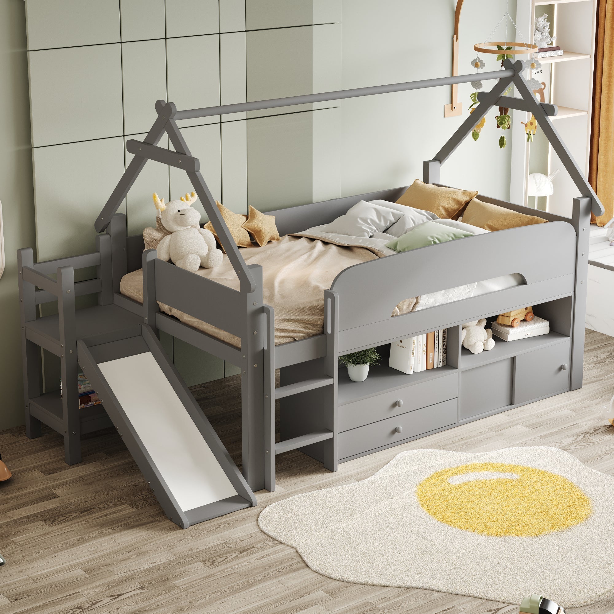 Children's House Bed 90x200cm with Slide Drawers Storage Solid Wood Grey