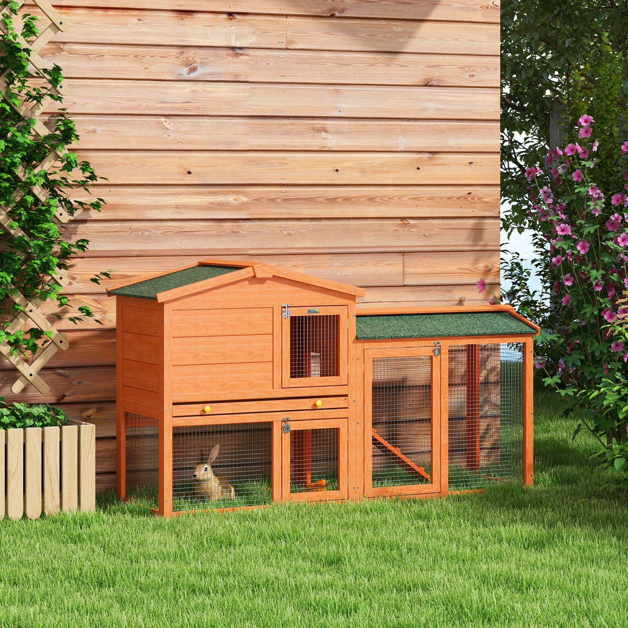 Rabbit Hutch 2 Levels Outdoor Run and Ramp, Fir Wood, Orange