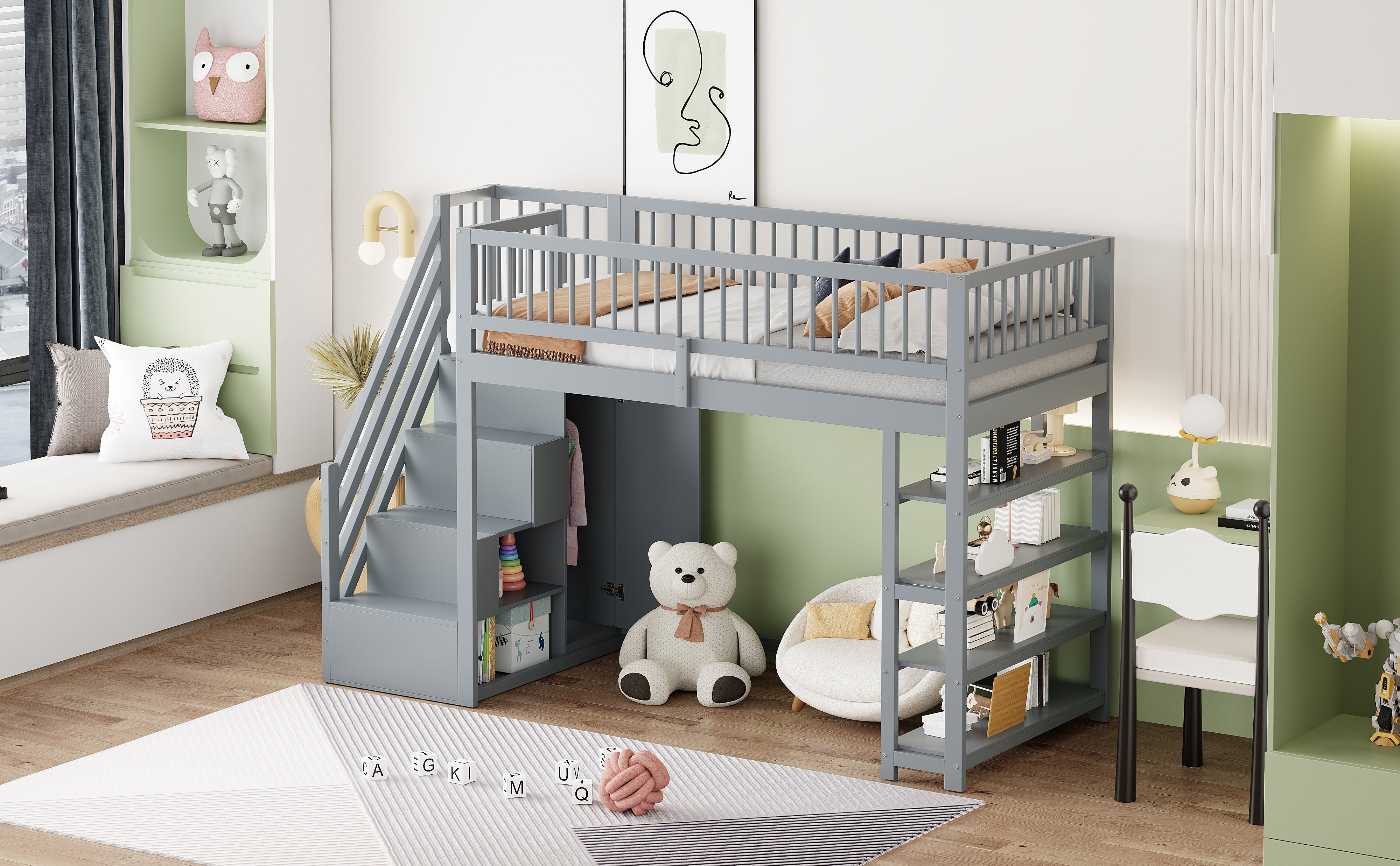 Loft Bed with Wardrobe, Shelves, Storage, Ladder, 90 x 200, Solid Wood, Grey