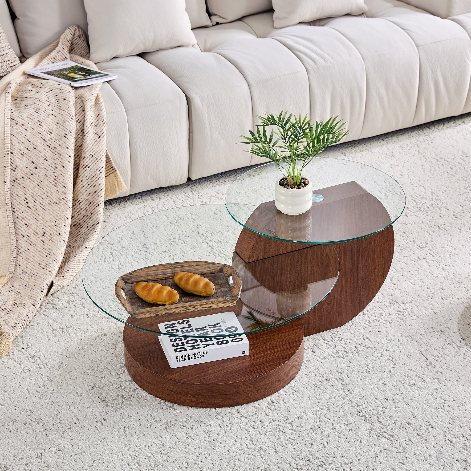 Modern Minimalist Coffee Table with Double-Layered Safety Glass and Multi-Tiered Design, Walnut Wood Grain Finish