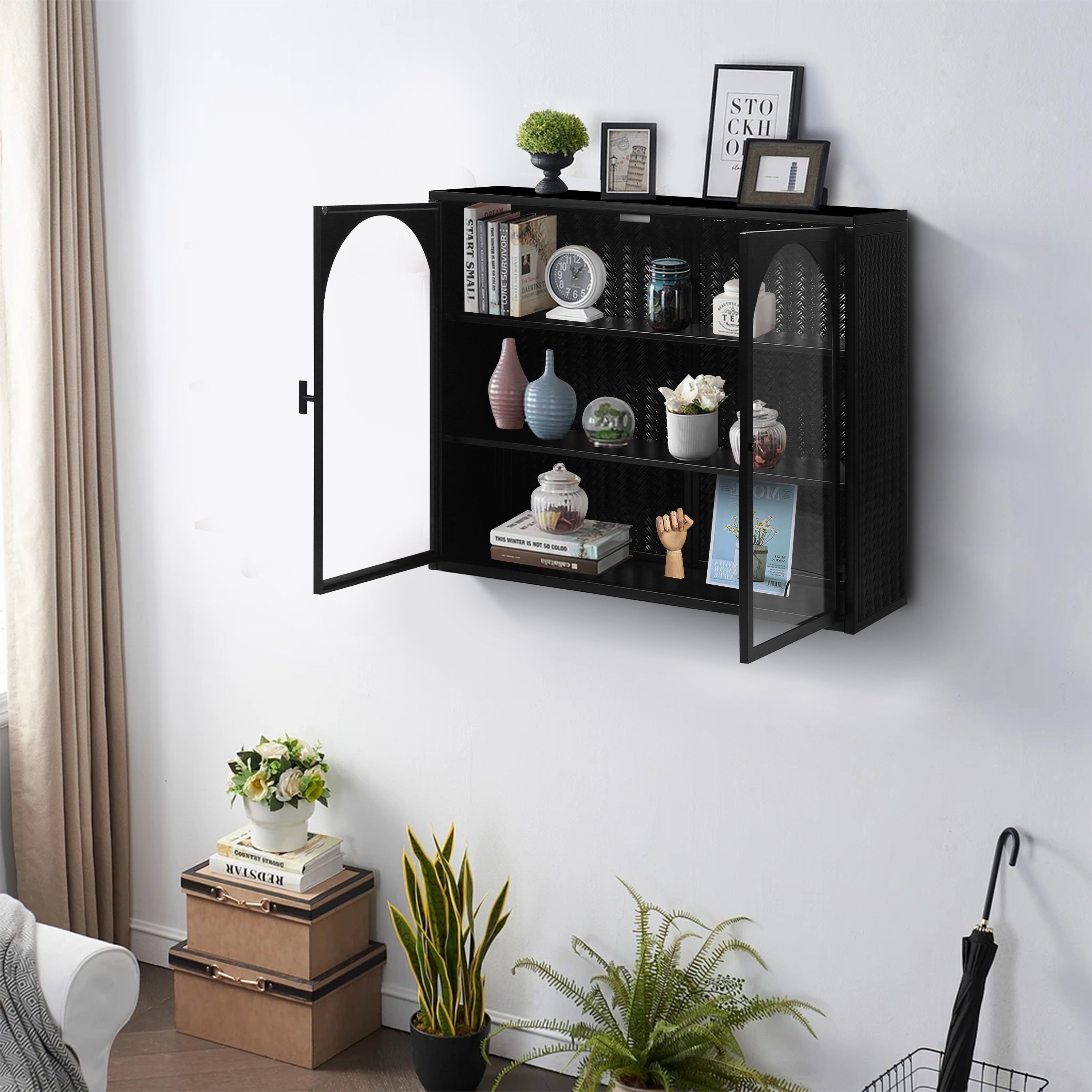 Wall Cabinet 70CM Glass Doors Two-door Three-tier Storage Woven Pattern Black