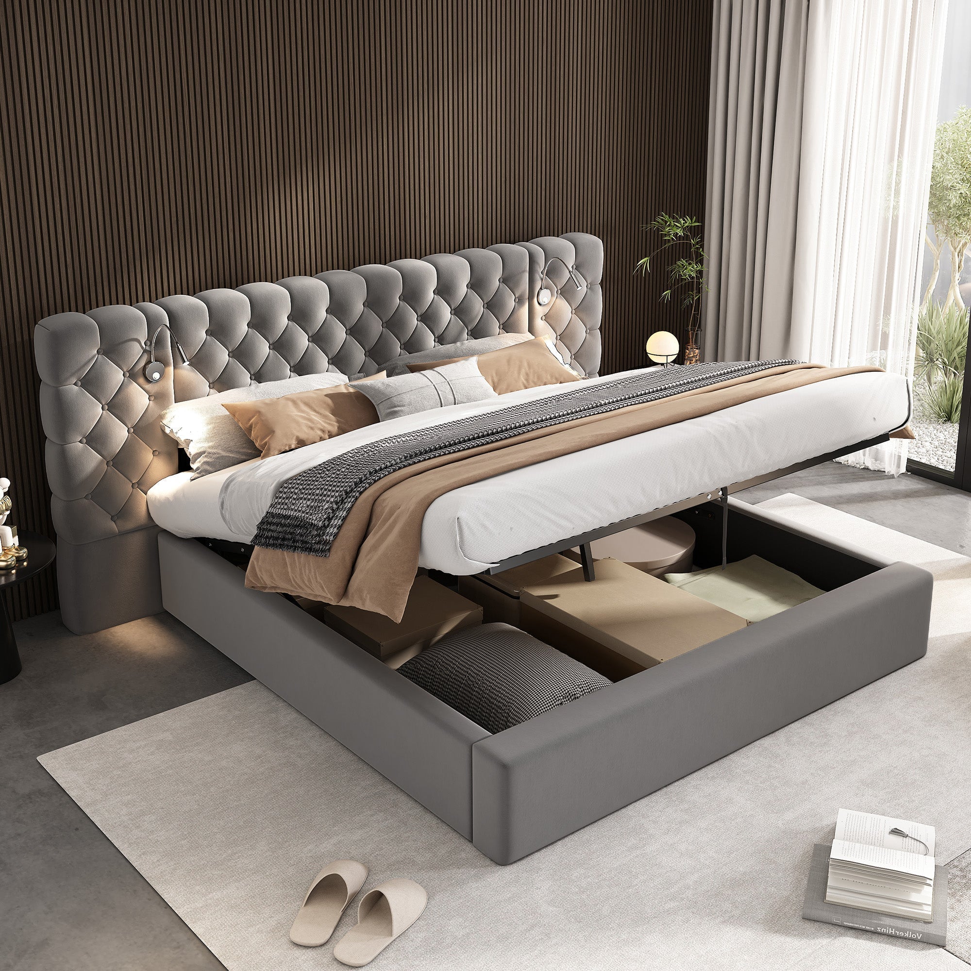 Upholstered Double Bed 160x200cm Hydraulic Storage LED Headboard Lamp - Velvet Grey