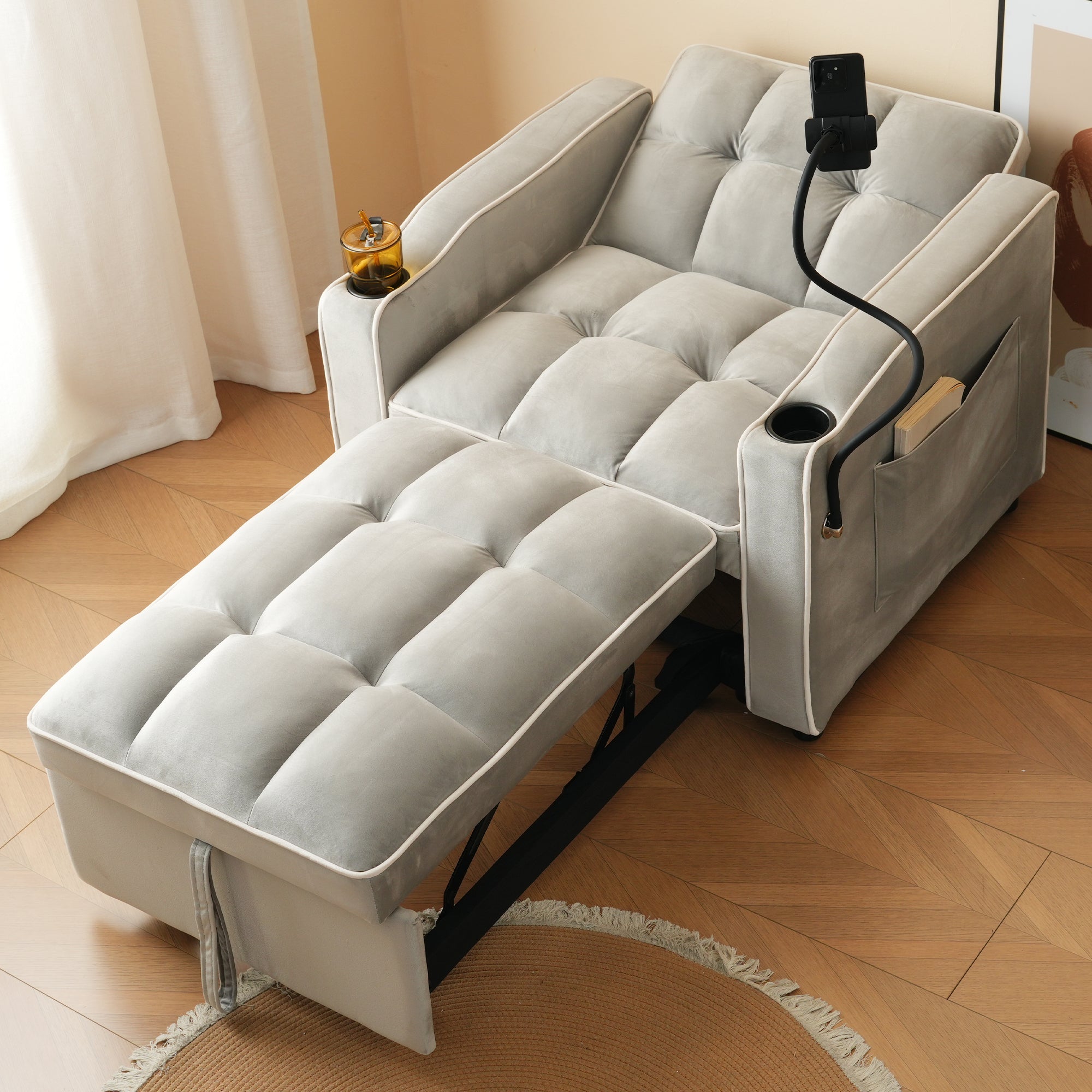 3-in-1 Extendable Single Sleeper Sofa with Cup/Phone Holders, Perfect for Small Spaces