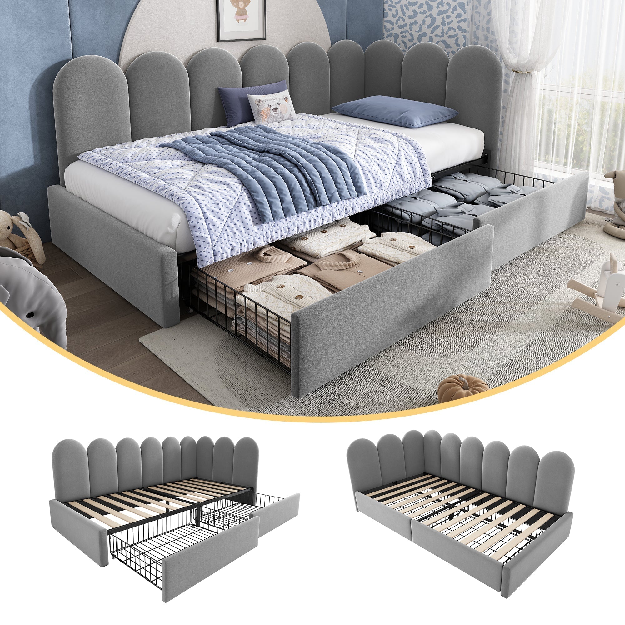 Upholstered Daybed with Drawers and Slatted Frame, 90x200cm, Gray Velvet