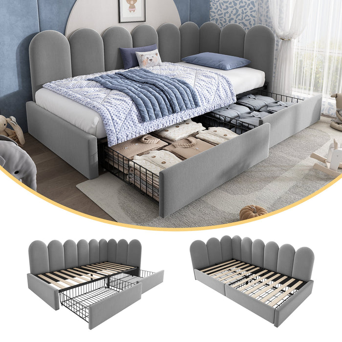 Upholstered Daybed with Drawers and Slatted Frame, 90x200cm, Gray Velvet