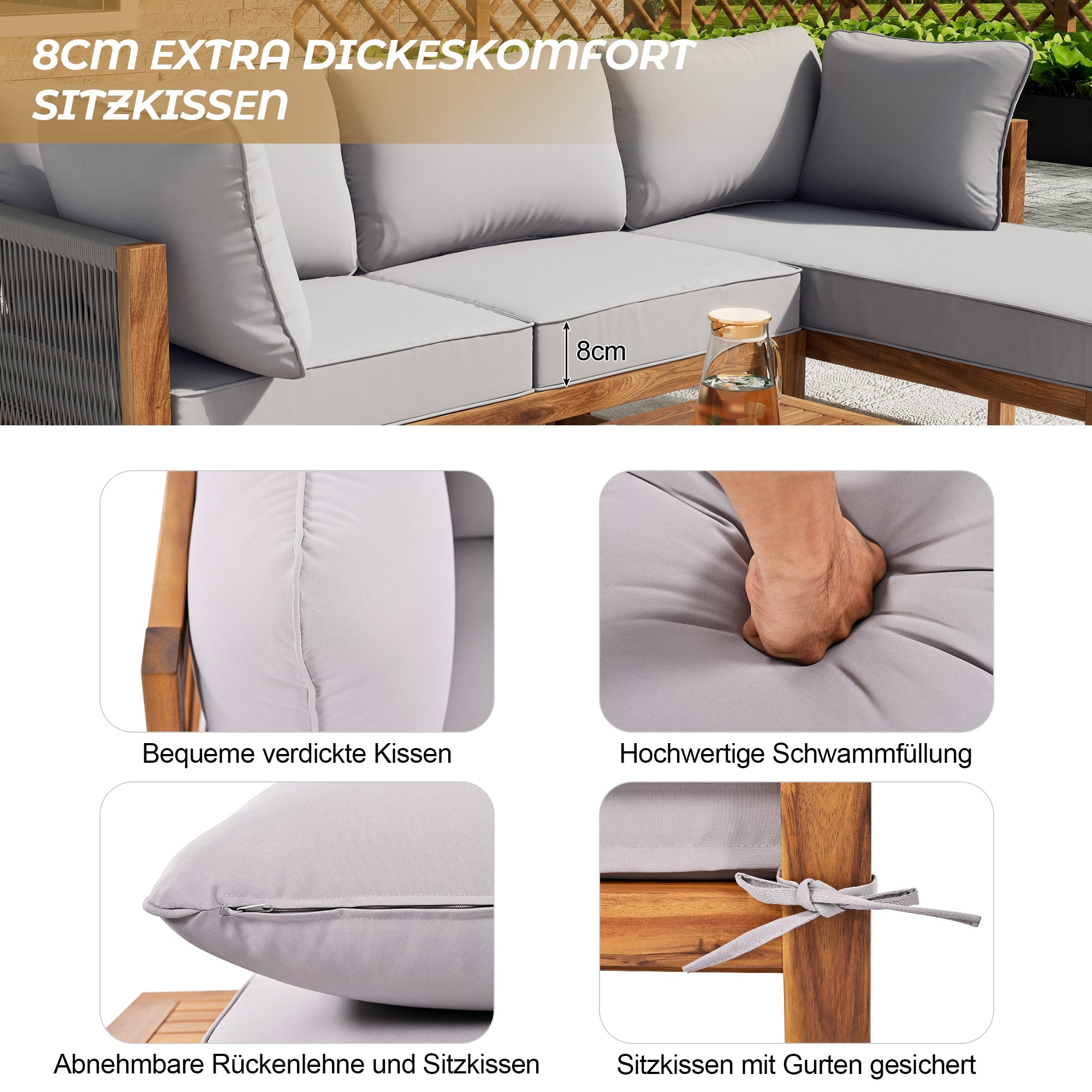 Garden Lounge Chair Set (3-Piece), L-Shaped with Adjustable Legs, Acacia and Grey Rope