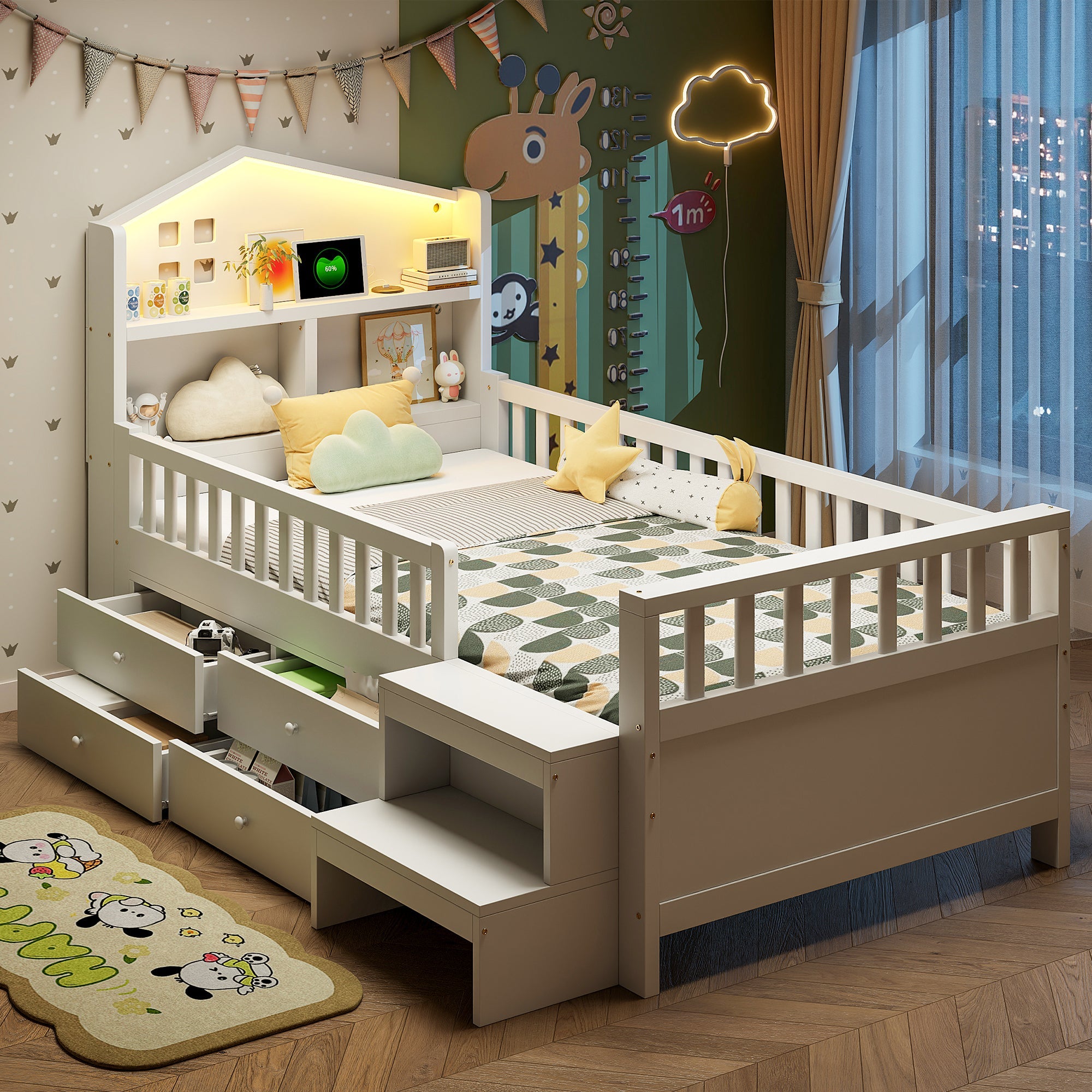Children's Single Bed with 4 Storage Drawers, LED Lights, USB and Type-C Charging Ports, 90x200cm, White Solid Wood