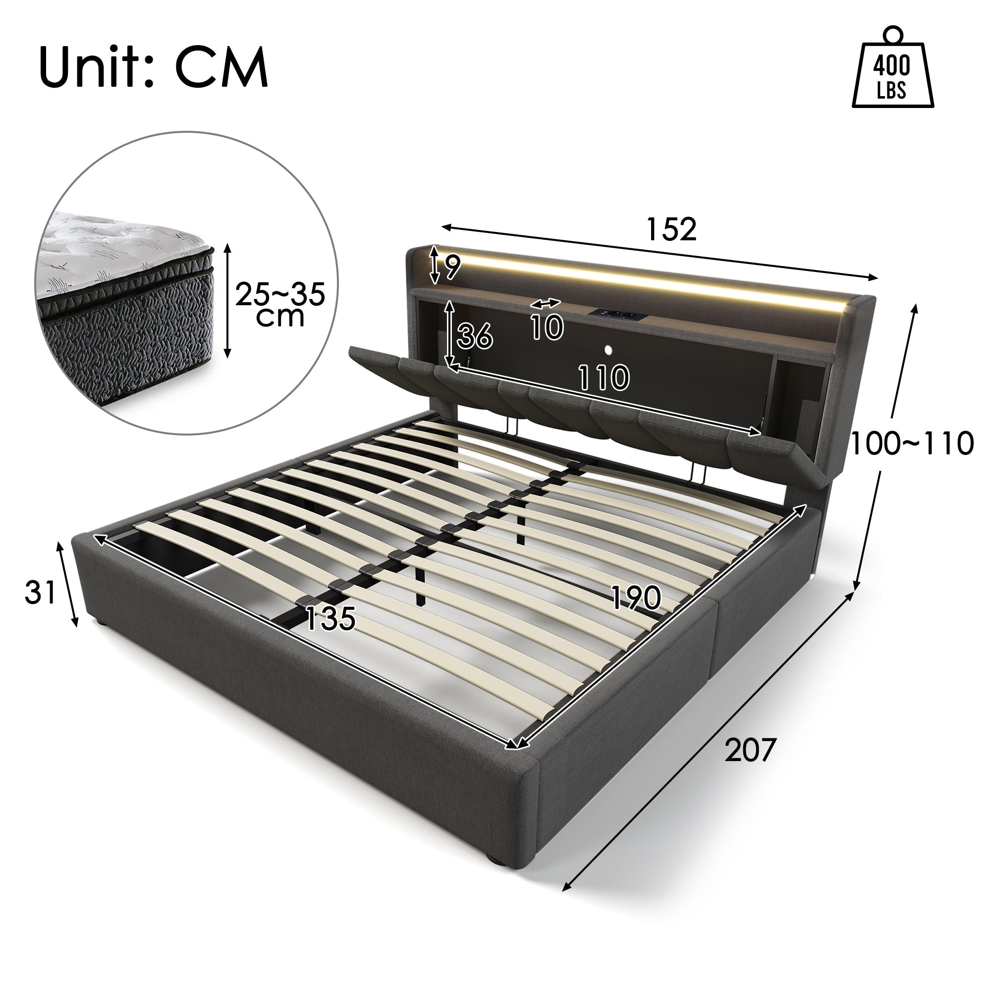 Upholstered Double Bed with USB Charging, LED Lighting & Storage Headboard, Wooden Slatted Frame, Grey