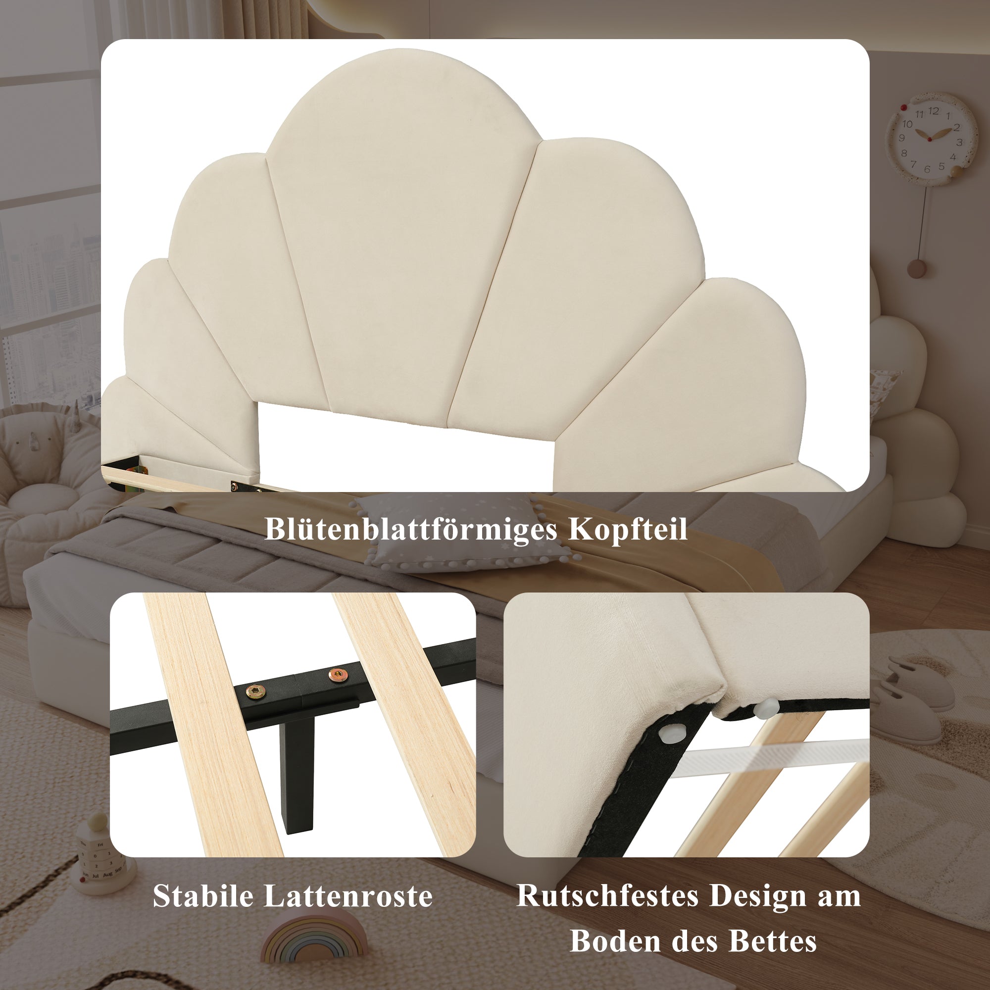Upholstered Bed, Curved Petals, Modern Frame, Velvet Beige