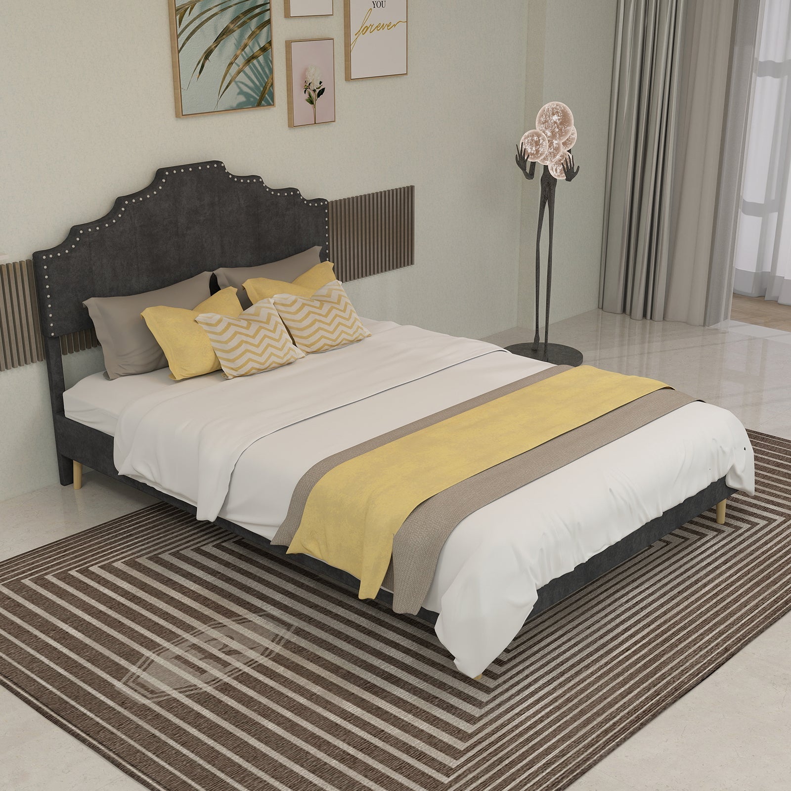 Soft Bed 140x200cm Modern Minimalist Comfortable Headboard Low Box Frame Gray