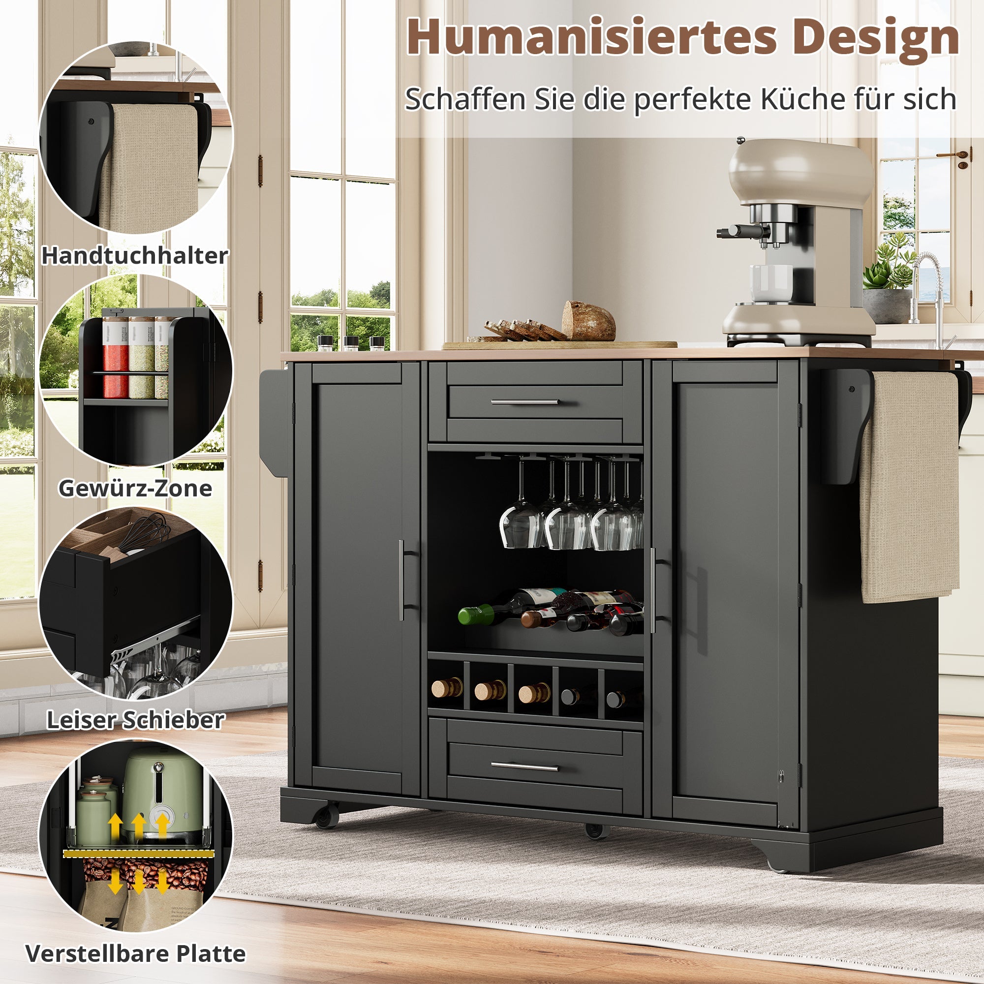Kitchen Island Cart Folding Worktop Wine Rack Storage - Black