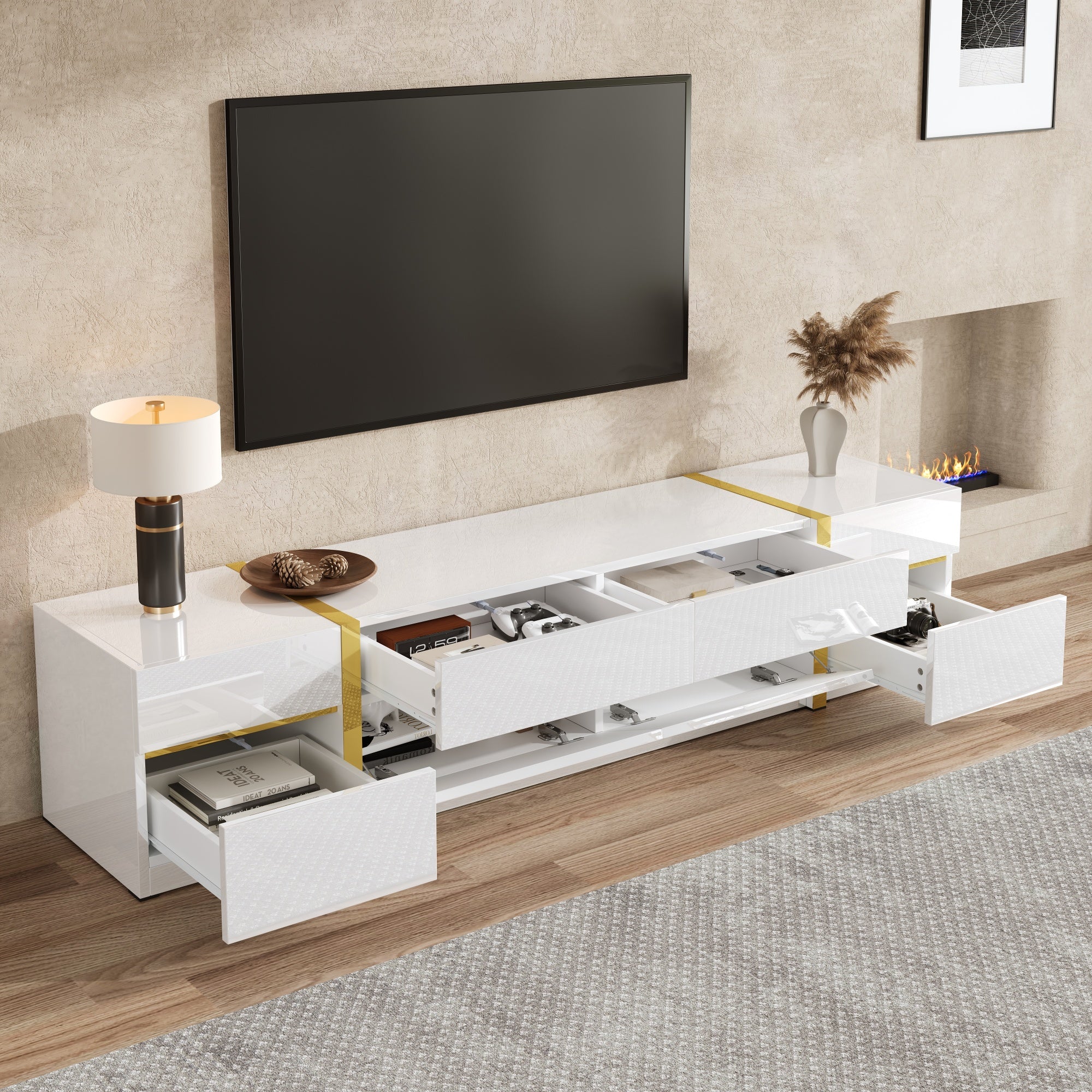 Luxurious TV Stand with Drawers and Doors, Modern Style, White High-Gloss and Gold