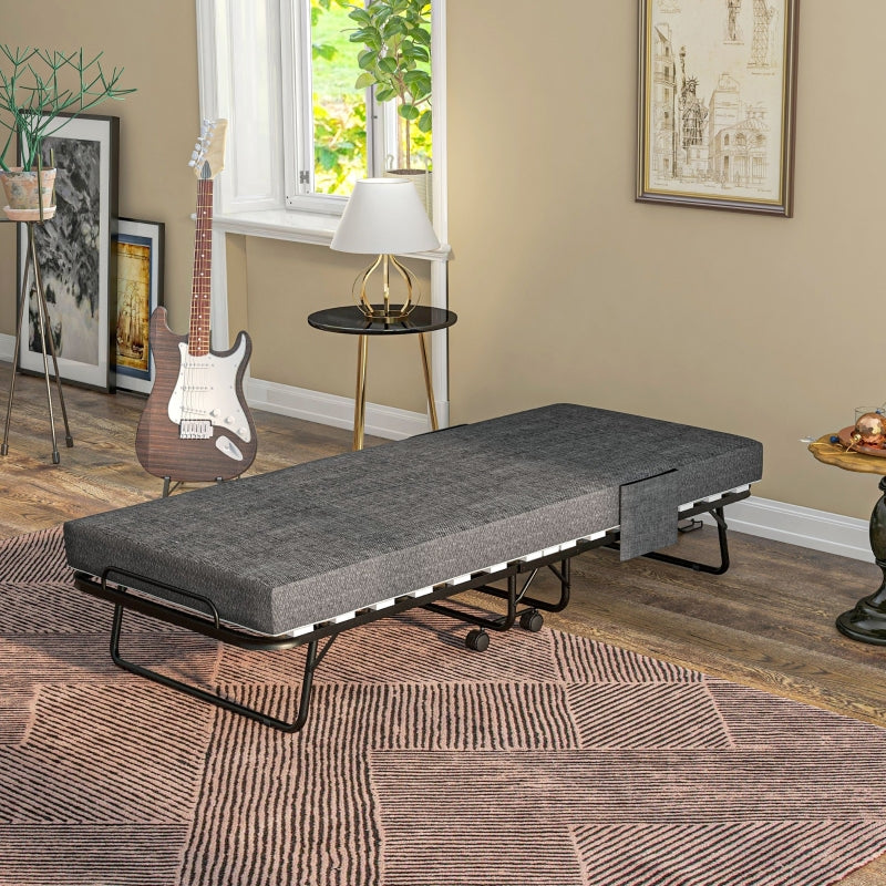 Single Folding Bed with Wheels, Steel Frame - Black/Grey