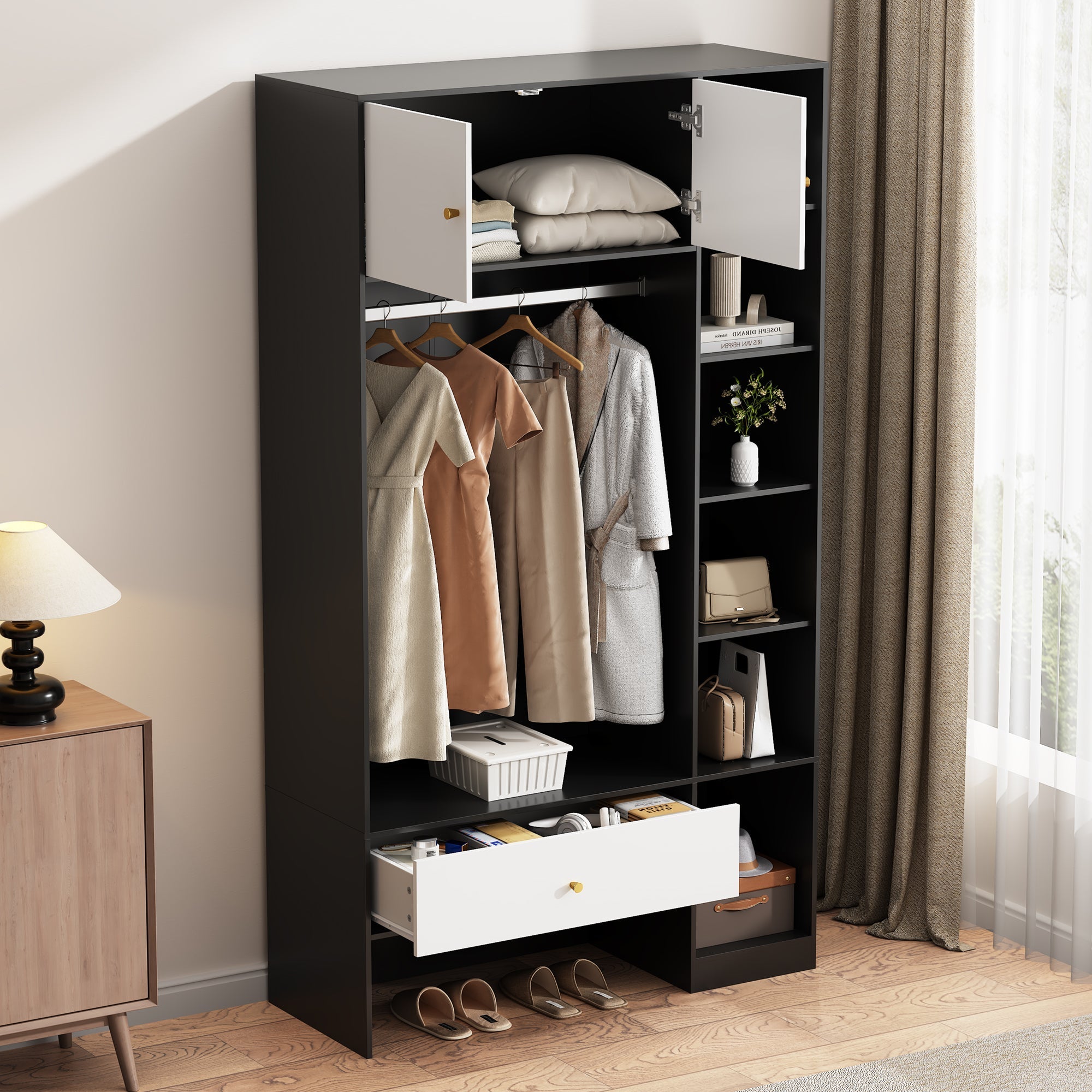 Compact Wardrobe Set 2 Doors 6 Compartments Clothes Rail Drawer Black and White