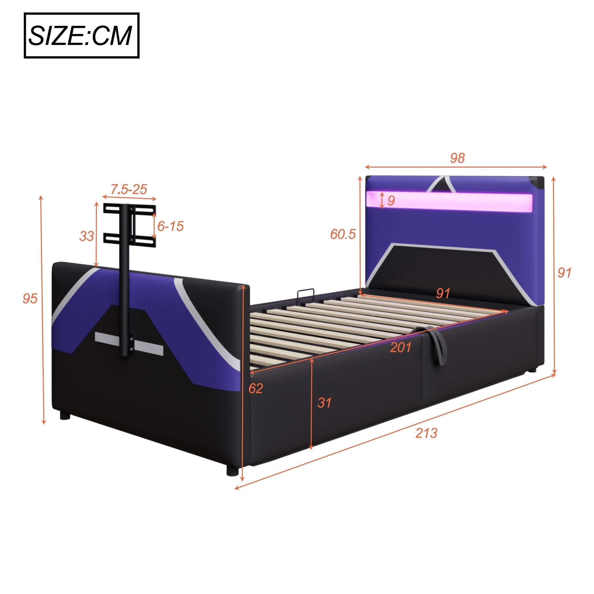 Multifunctional Gaming Bed with LED Lighting, Storage and TV Mount, PU Leather