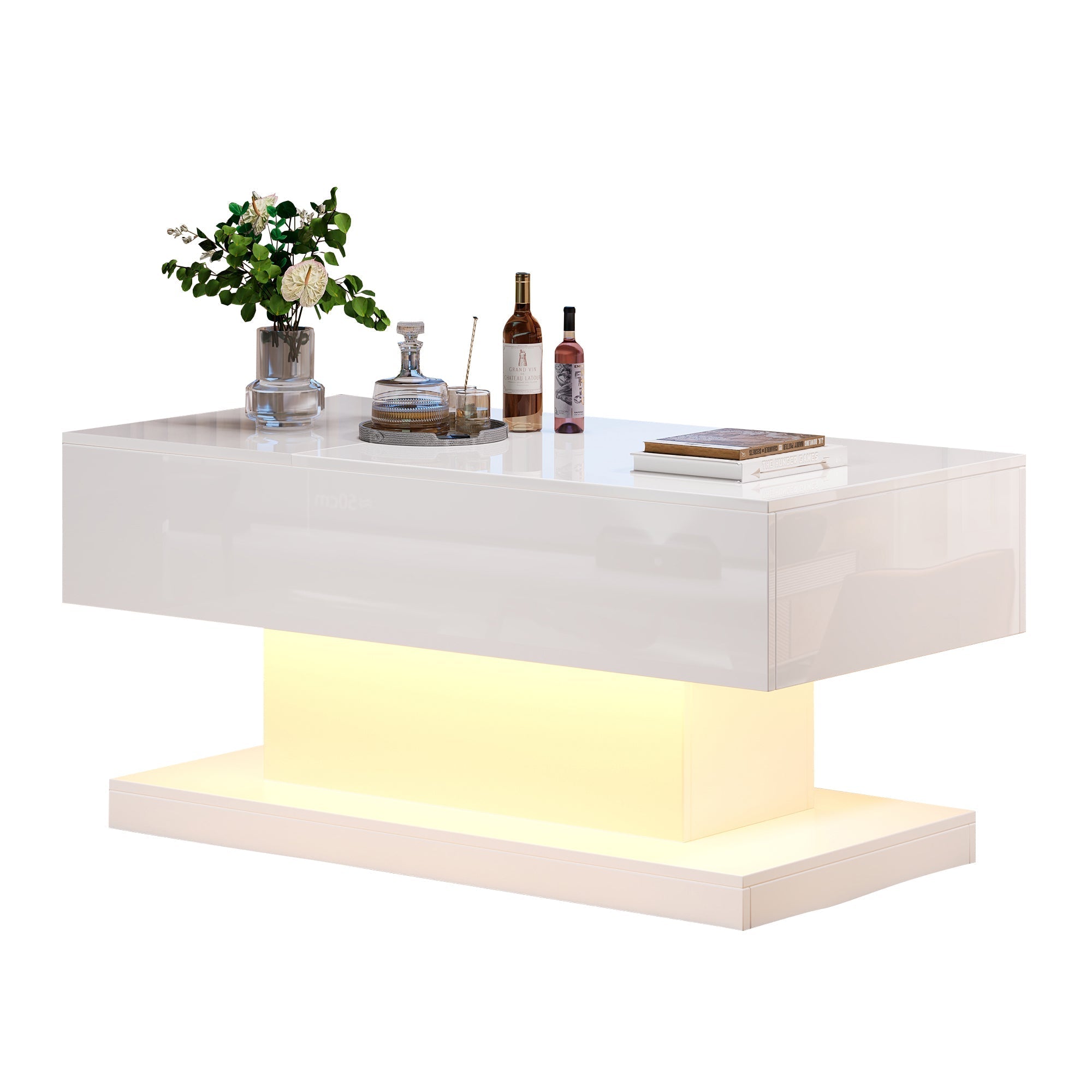 High Gloss Lift Up Top Coffee Table with Storage, Extendable Desktop Dinning Table 100 x 50 x 45 cm, Height Adjustable Tabletop, Retractable Desk