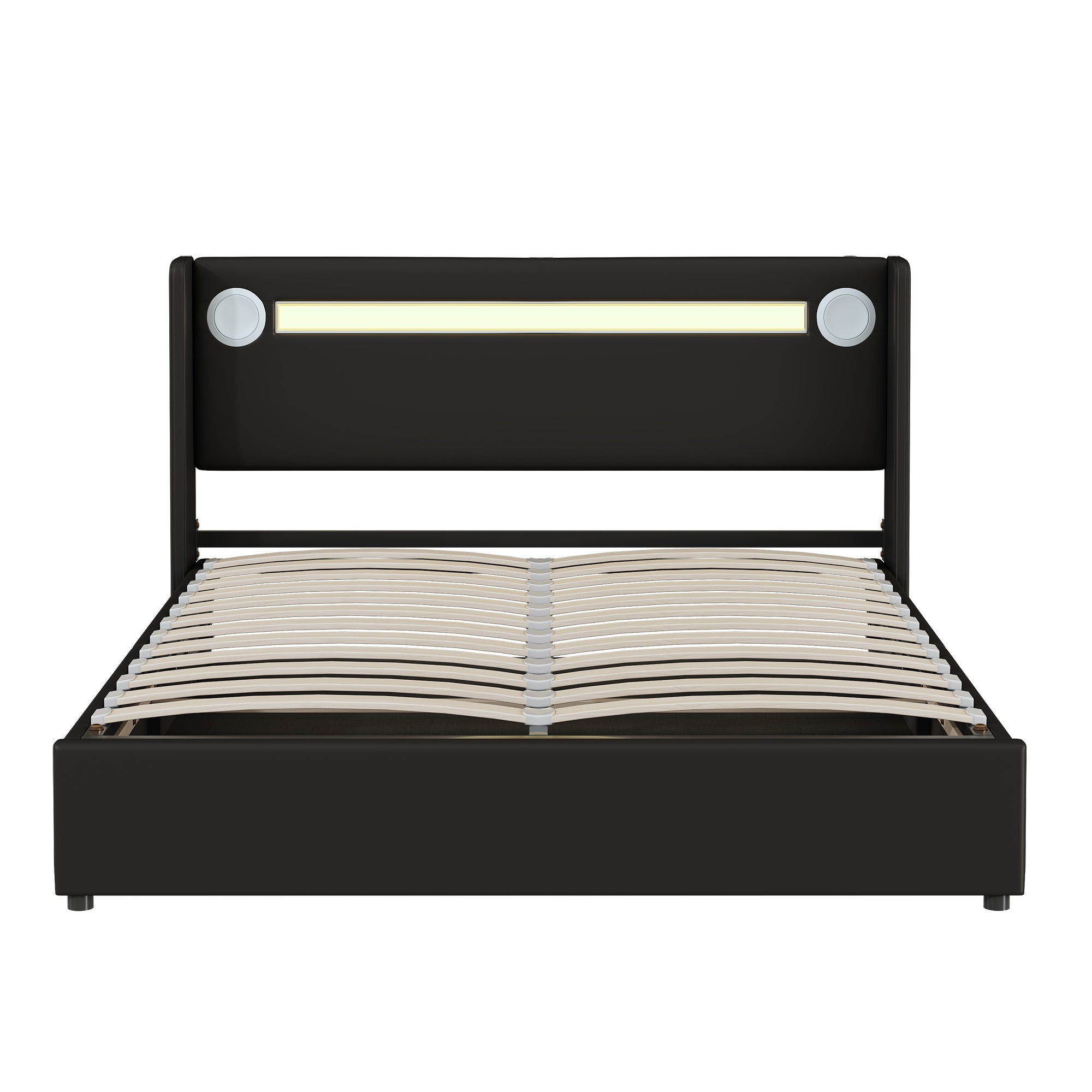 Upholstered Bed, 160x200cm LED & Bluetooth Storage, Black PU Leather