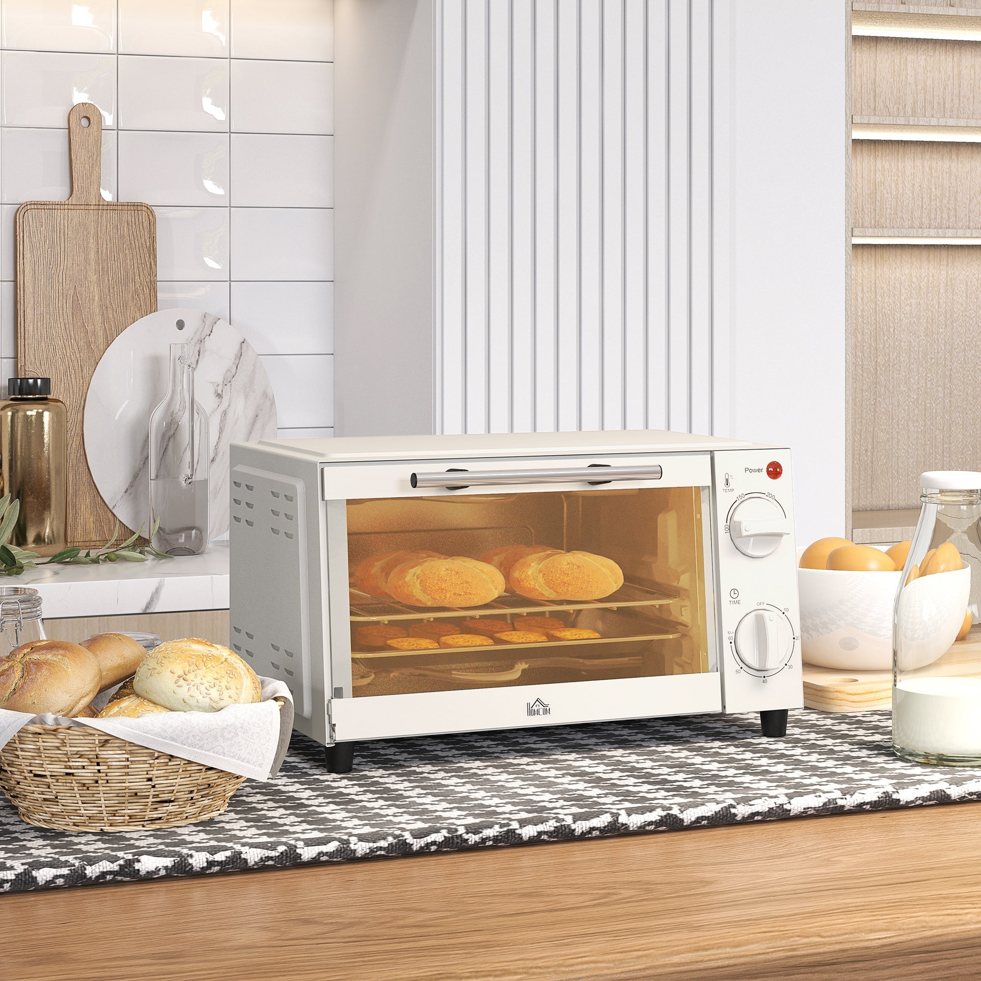 Mini Oven 9L 750W with Baking Tray, Grill, Timer - Stainless Steel/Cream White