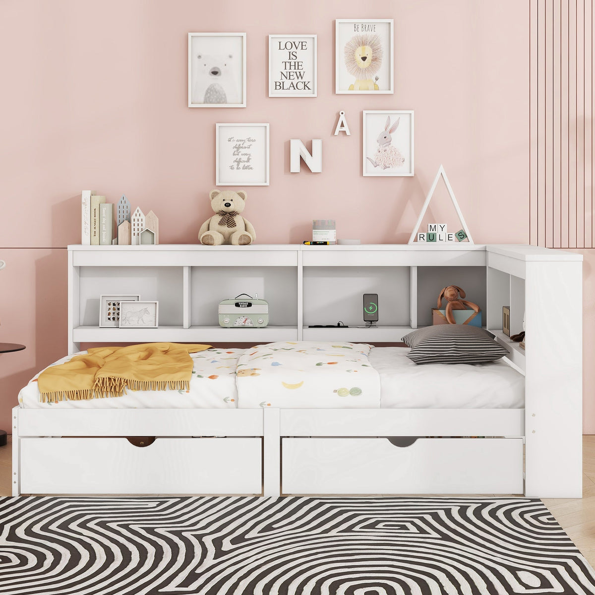 Daybed Sofa Bed 90x200cm 2 Drawers Power Outlet USB - White Chipboard