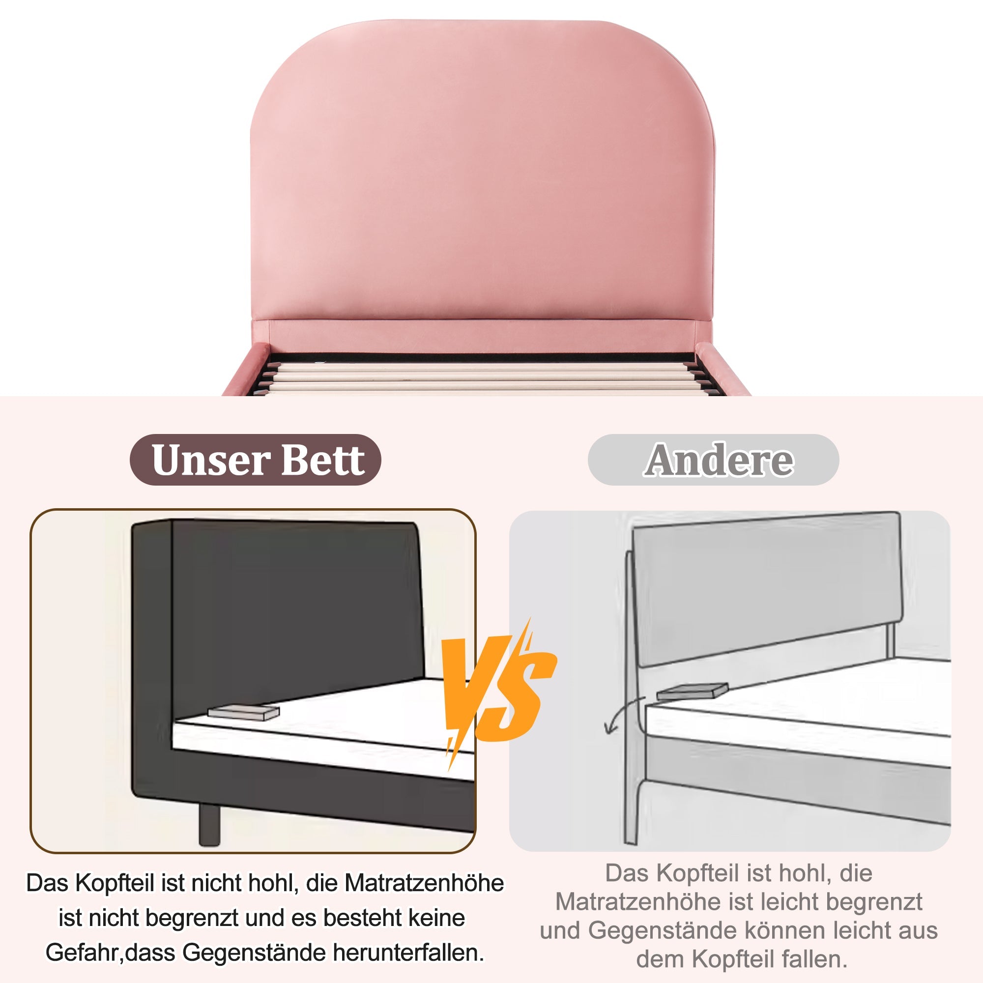 Upholstered Bed 90x200cm Hydraulic Storage Headboard, Velvet Pink
