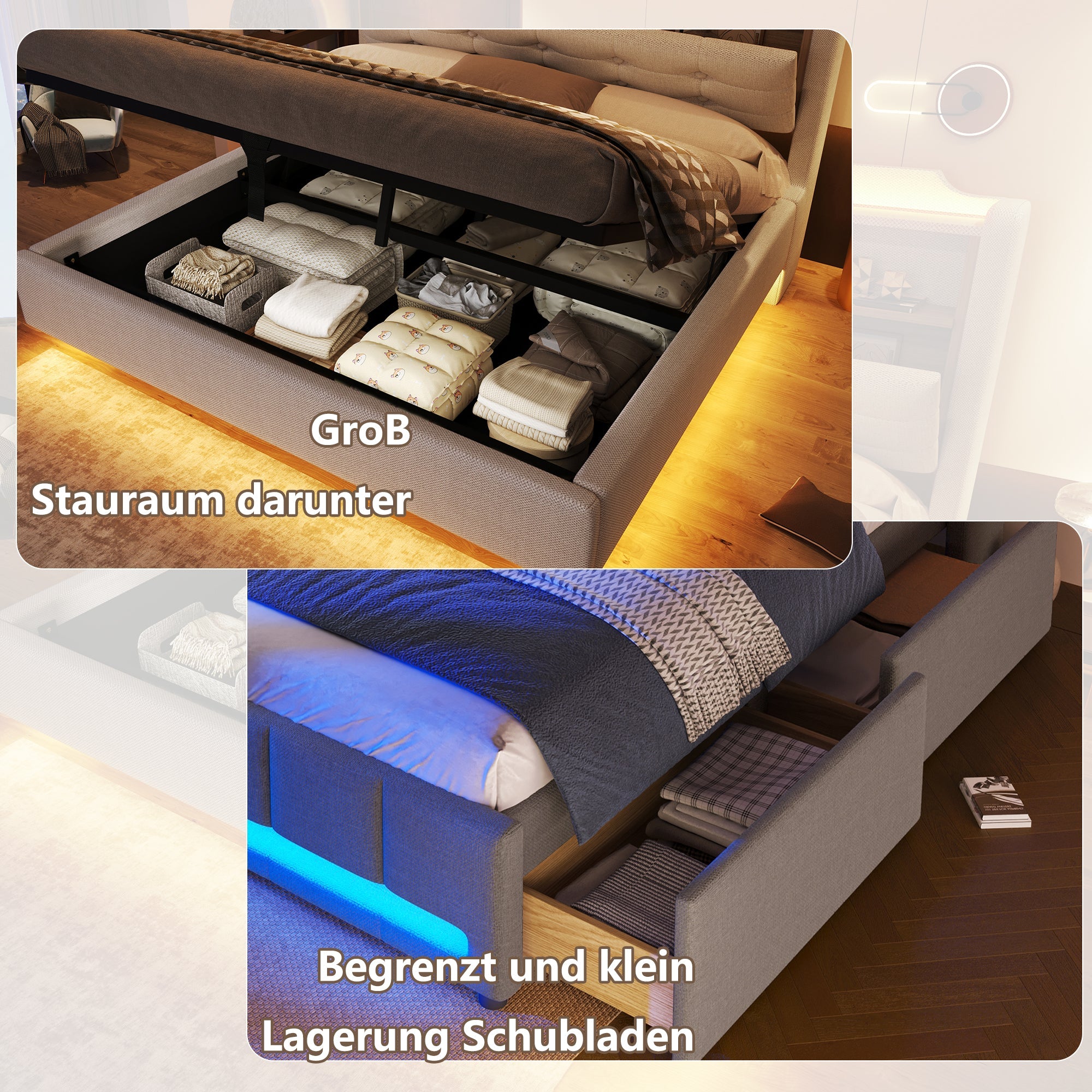 Upholstered Bed 140x200cm LED Light Strip Hydraulic Storage USB/Type-C Ports Linen Beige