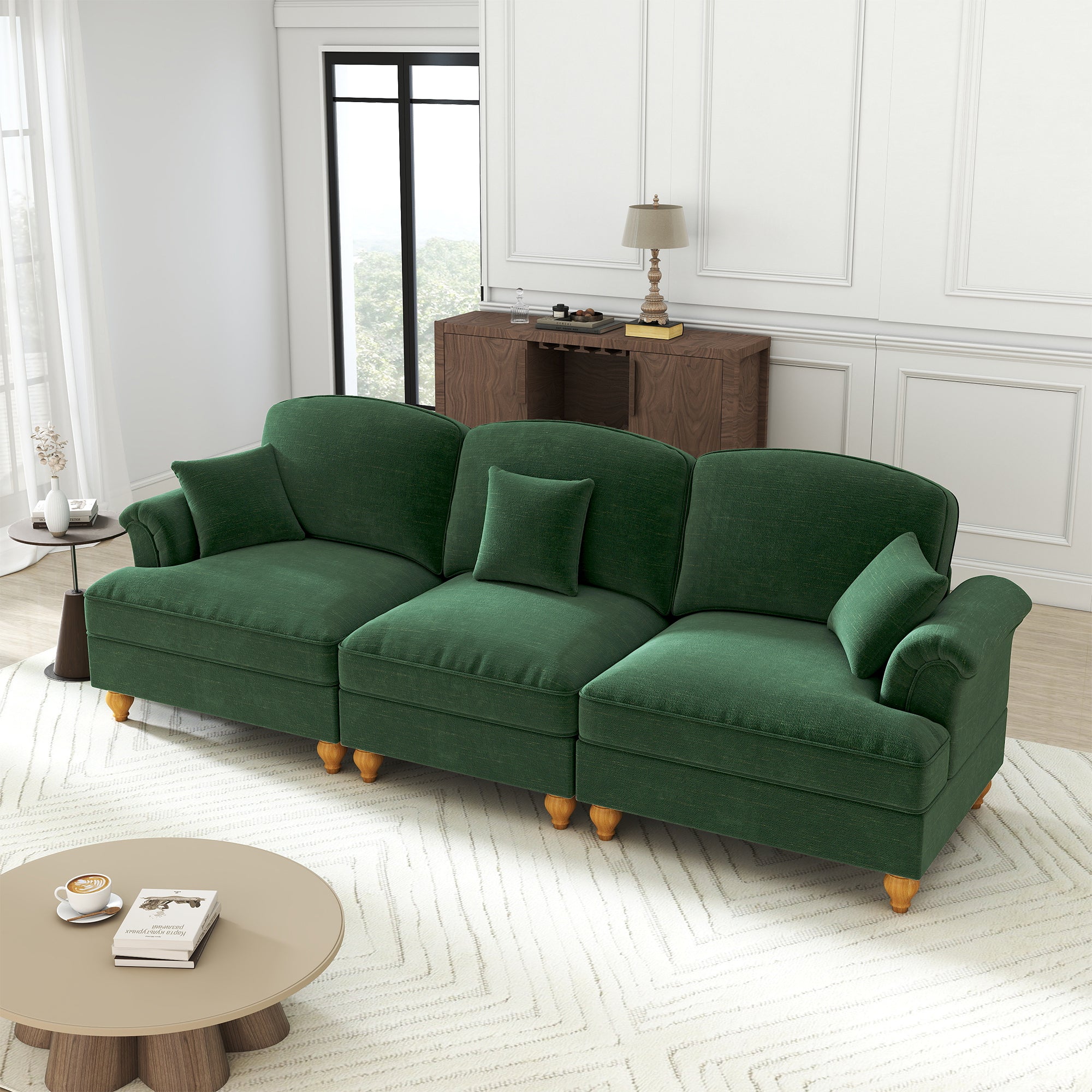 3-Seater Sofa Mid-Century Chenille Ruffled Apron Spindle Legs - Green