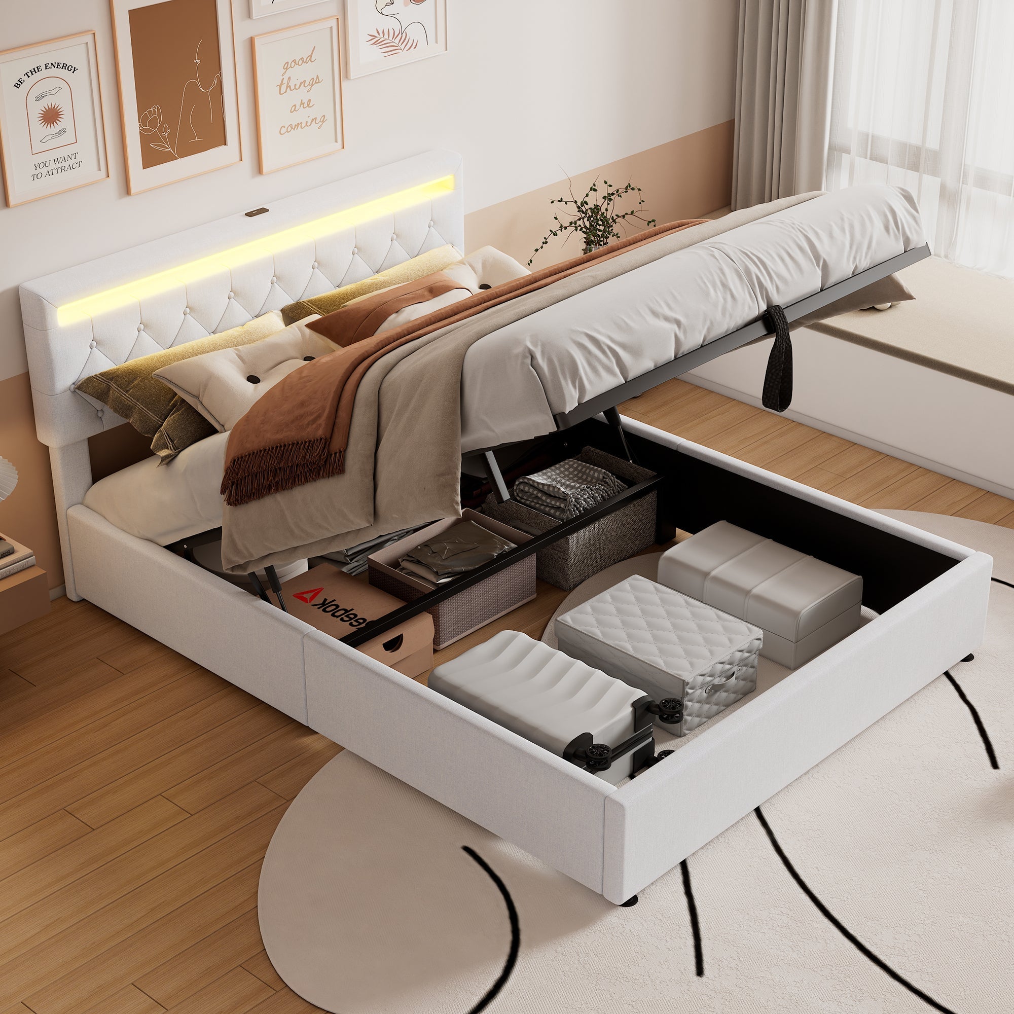 Flat Upholstered Bed 160x200cm Height Adjustable Ambient Light USB/Type-C Storage White