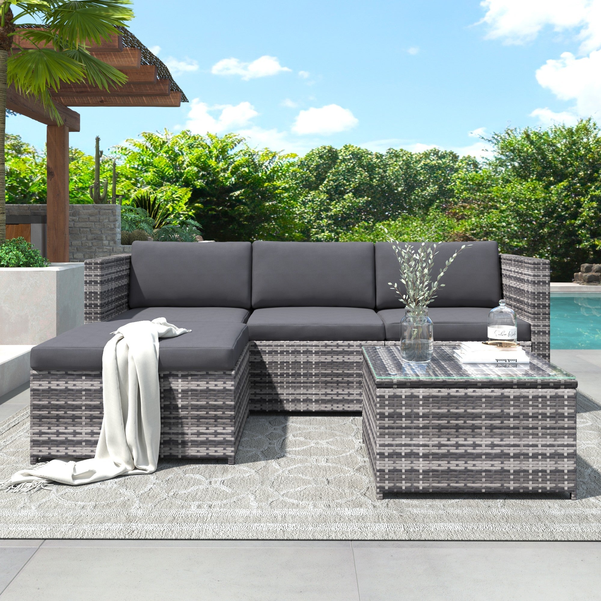 Garden Corner Sofa Rattan Patio Lounge Set, Grey
