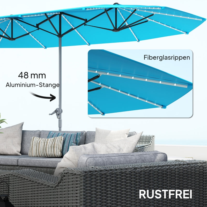 Doppel-Sonnenschirm, Solar-LED-Beleuchtung, UV 50+, Aluminium, Blau