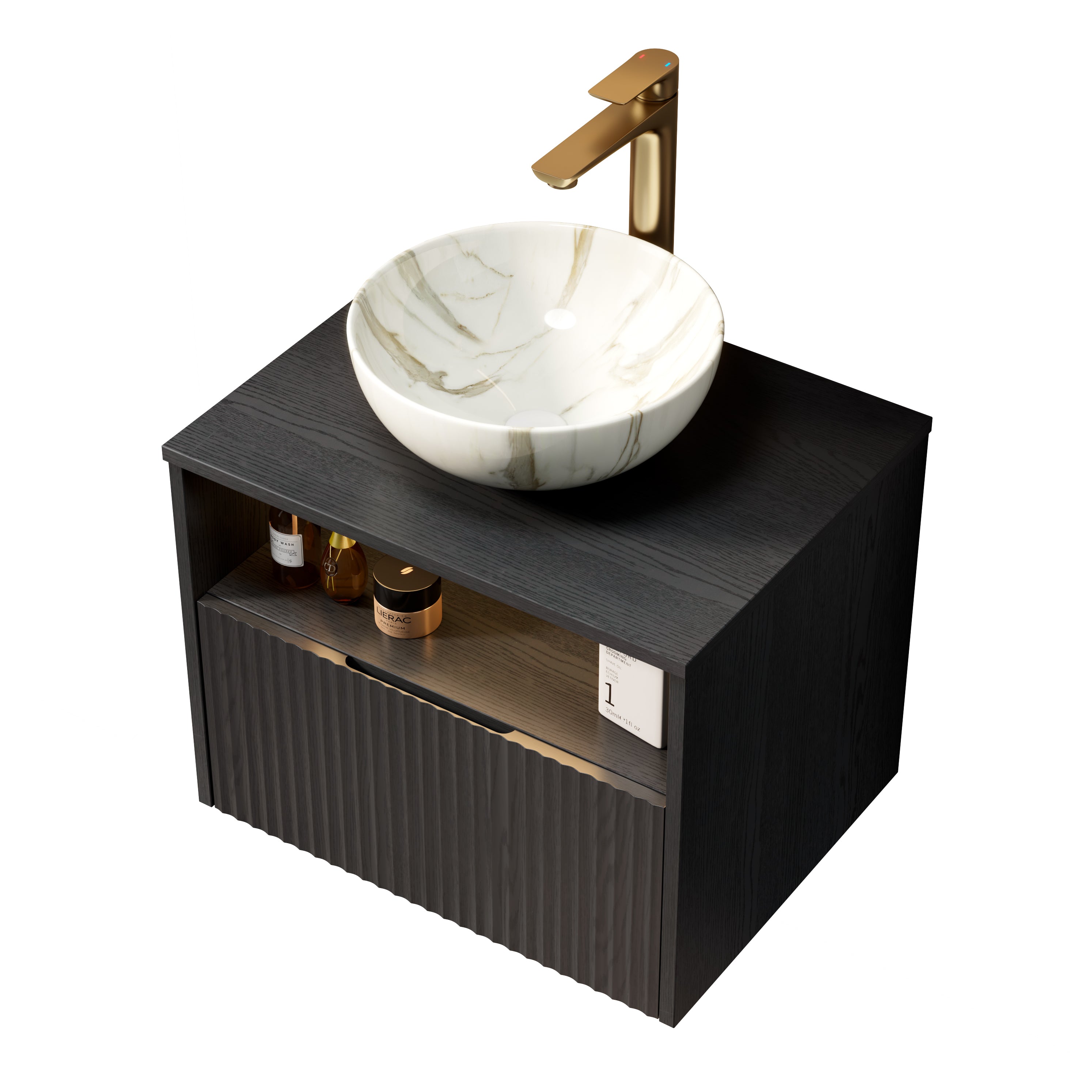 Floating Bathroom Vanity with Ceramic Basin and Sensor Light, Black Plywood