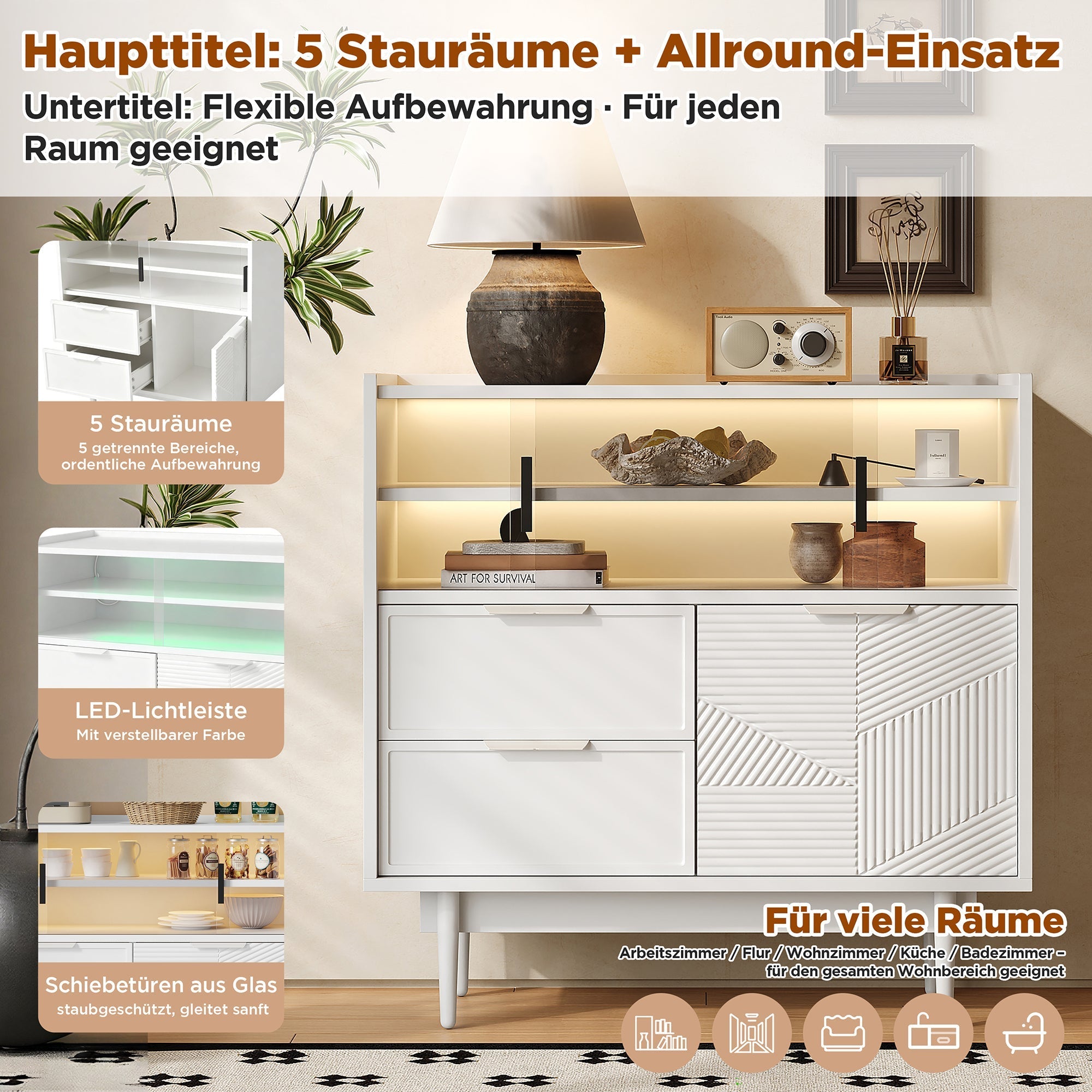 Sideboard 80cm Wide Light Strip Glass Door