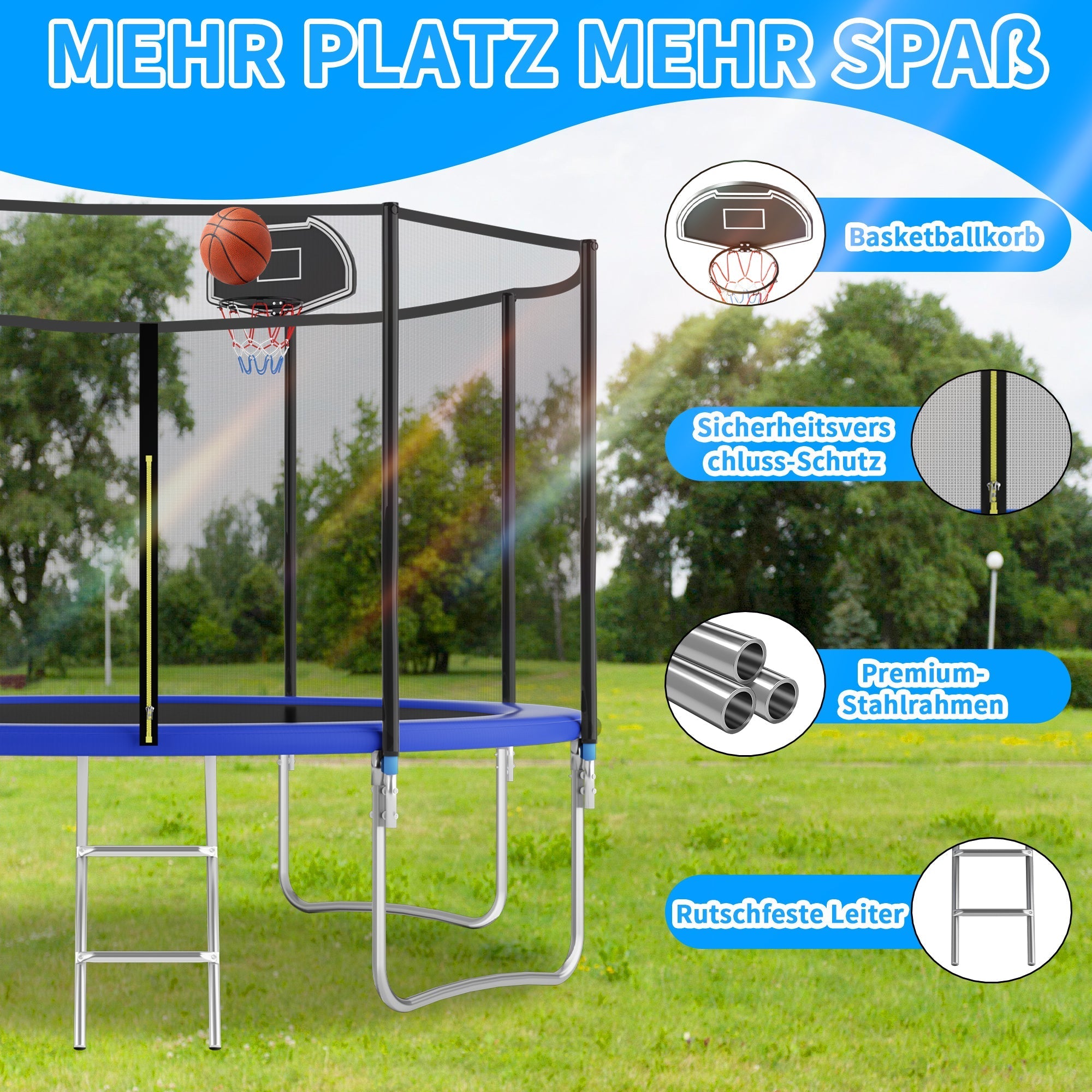 Outdoor Trampoline, 366 cm with Reinforced Leg Crossbars and One-piece Construction, Stable and Robust