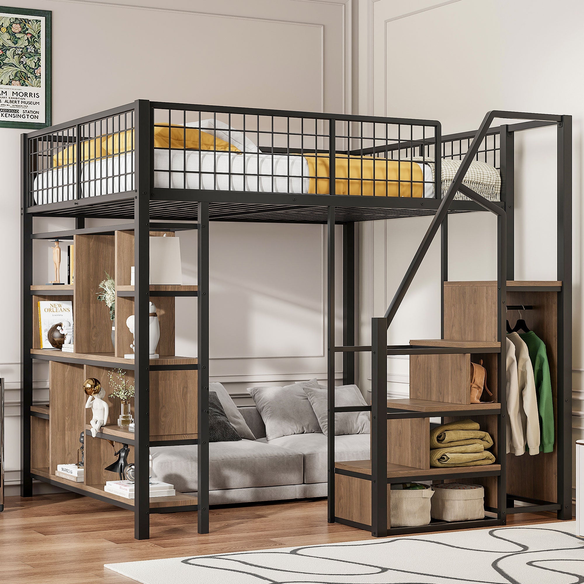 Loft Bed, Multifunctional with Storage & Stairs, 140x200 cm, Metal Black