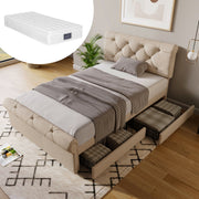 Single Upholstered Bed, 90x200cm with 2 Drawers, Adjustable Headboard, Natural