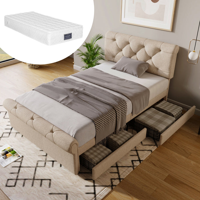 Single Upholstered Bed, 90x200cm with 2 Drawers, Adjustable Headboard, Natural