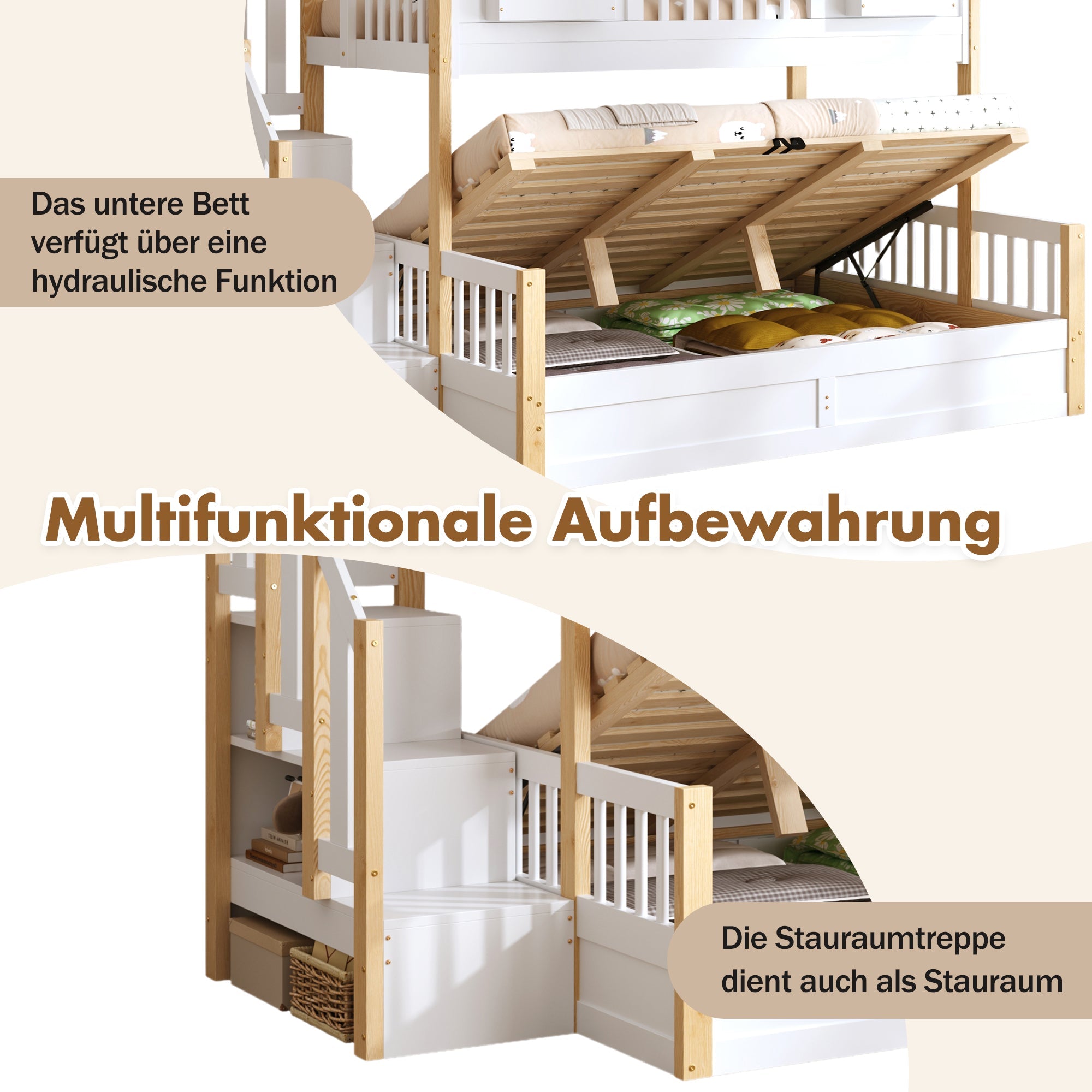 Bunk Bed with Hydraulic Storage, LED, and Stairs, 90x200/140x200cm, White and Natural Wood