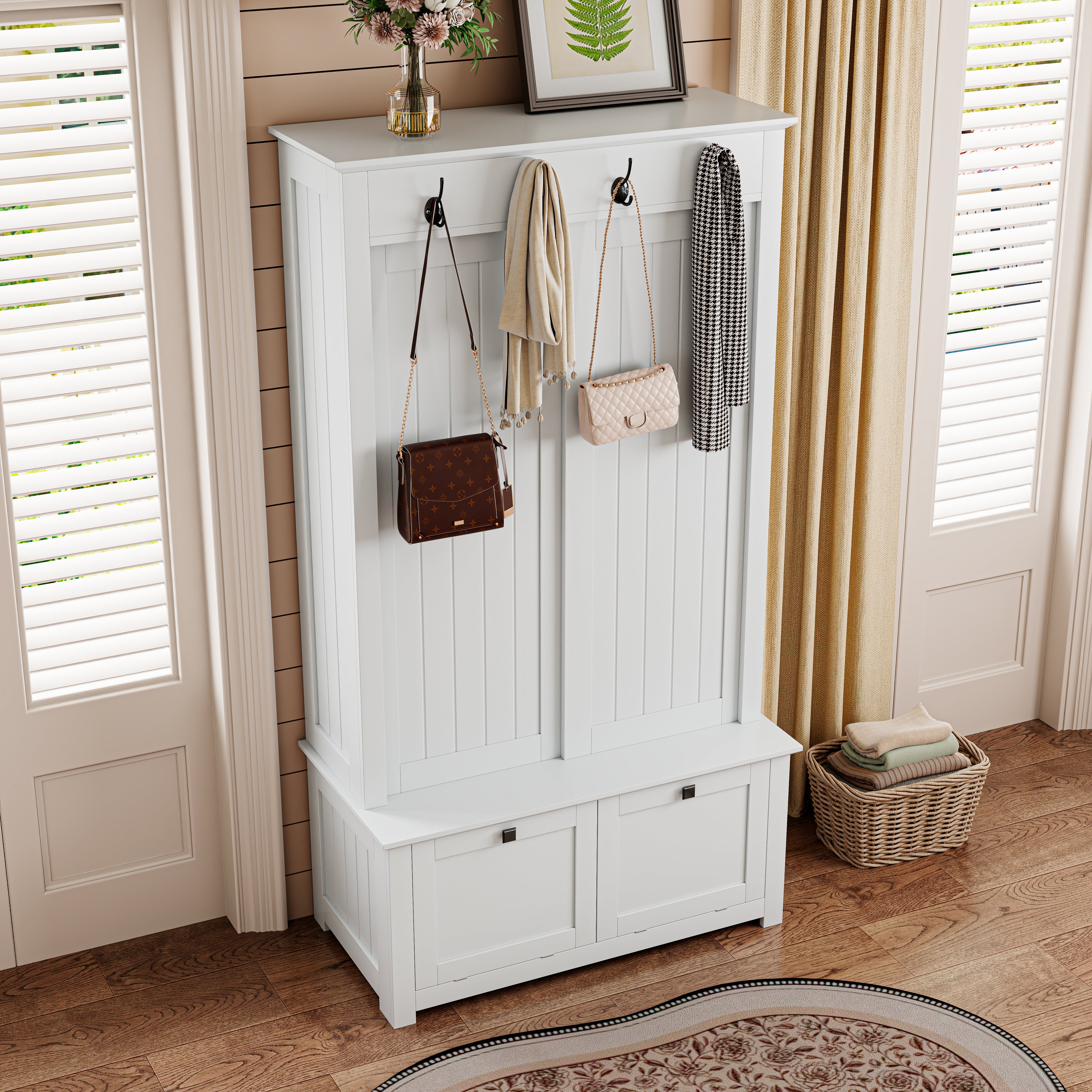 Minimalist Wardrobe Set with Shoe Cabinet, Hooks & Storage - White